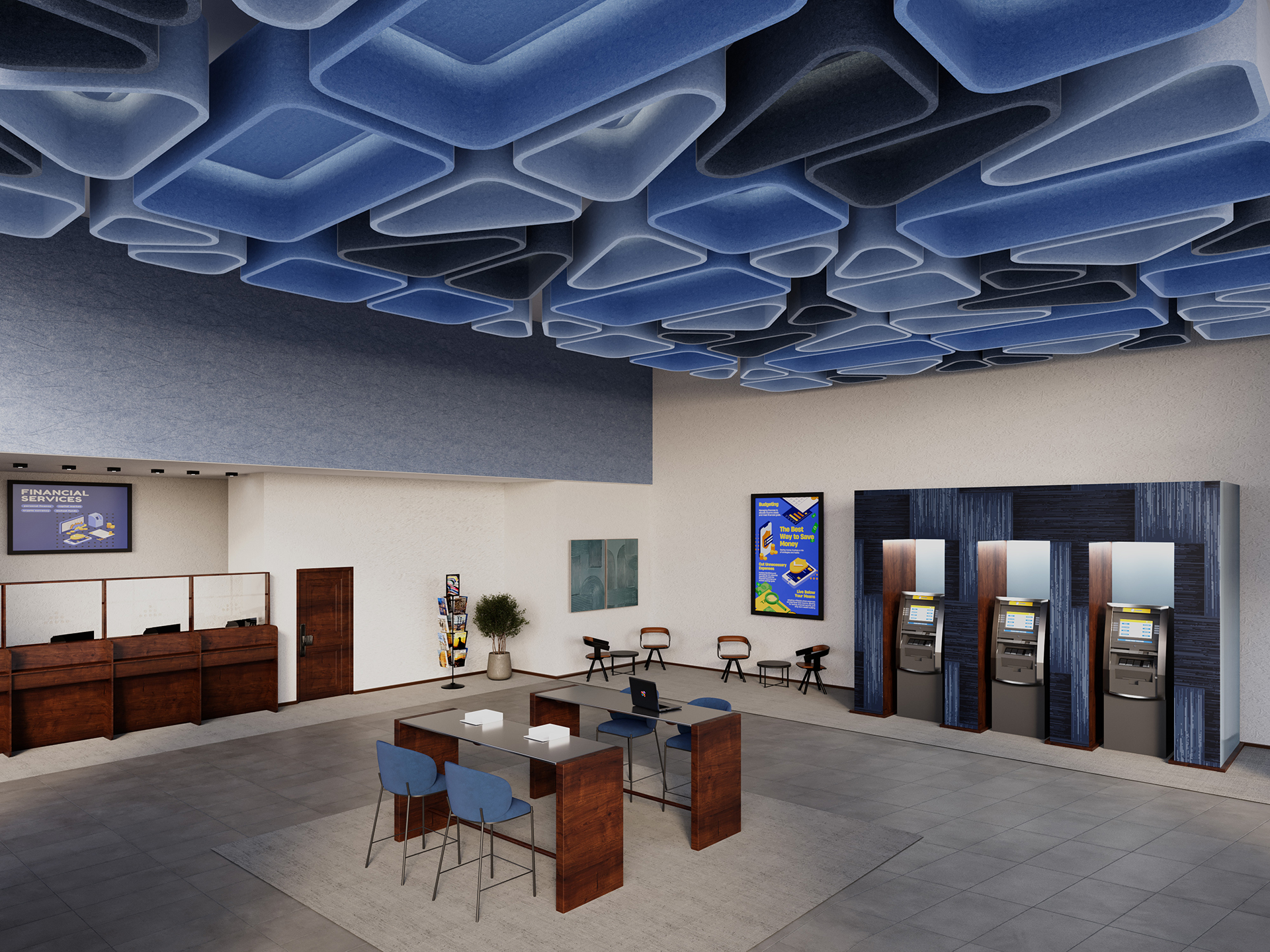 Modern bank interior with teller counters on the left, a table and chairs in the center, three ATMs on the right, and abstract blue acoustic felt ceiling panels. Walls display informational posters and a small brochure stand is visible.