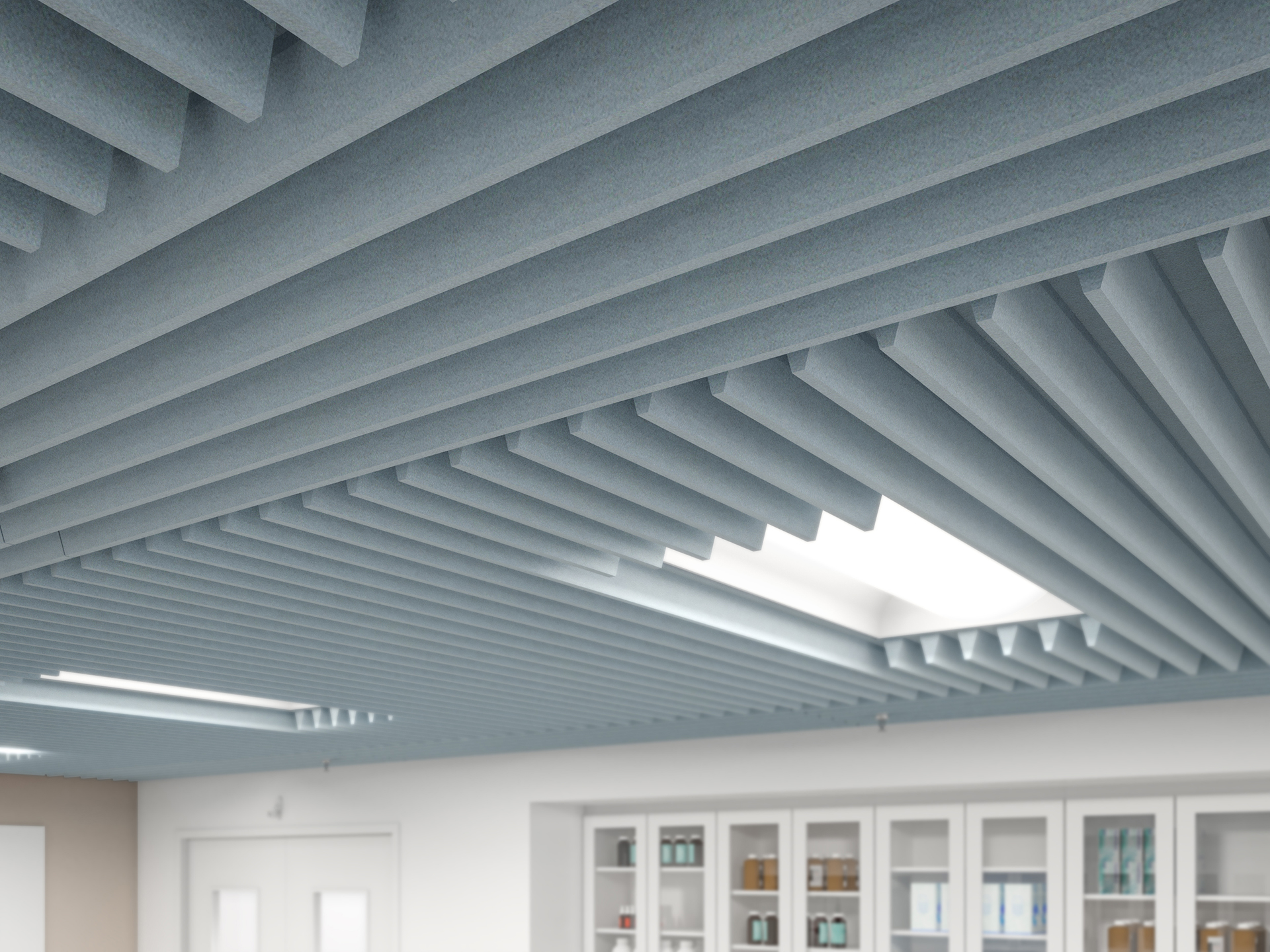 Modern interior ceiling with parallel, light gray acoustic felt panels and skylights. Below, white cabinets with glass doors display various items in a clean, bright room with white walls and doors.
