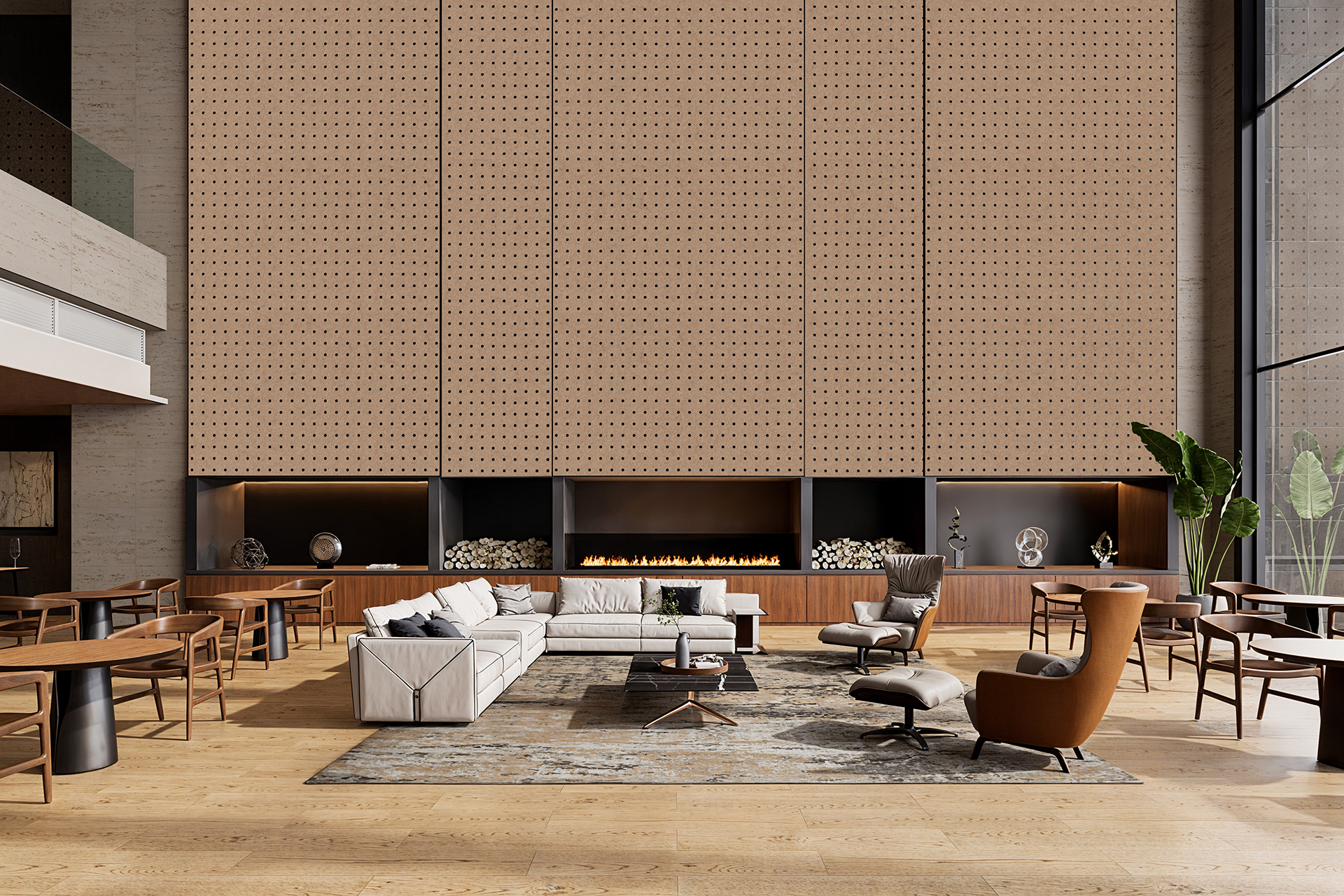 A modern, spacious lounge with light wood floors, cozy sofas, armchairs, small tables, a large rug, and a sleek linear fireplace set into an acoustic felt wall with perforated panels. Large windows bring in natural light and greenery.