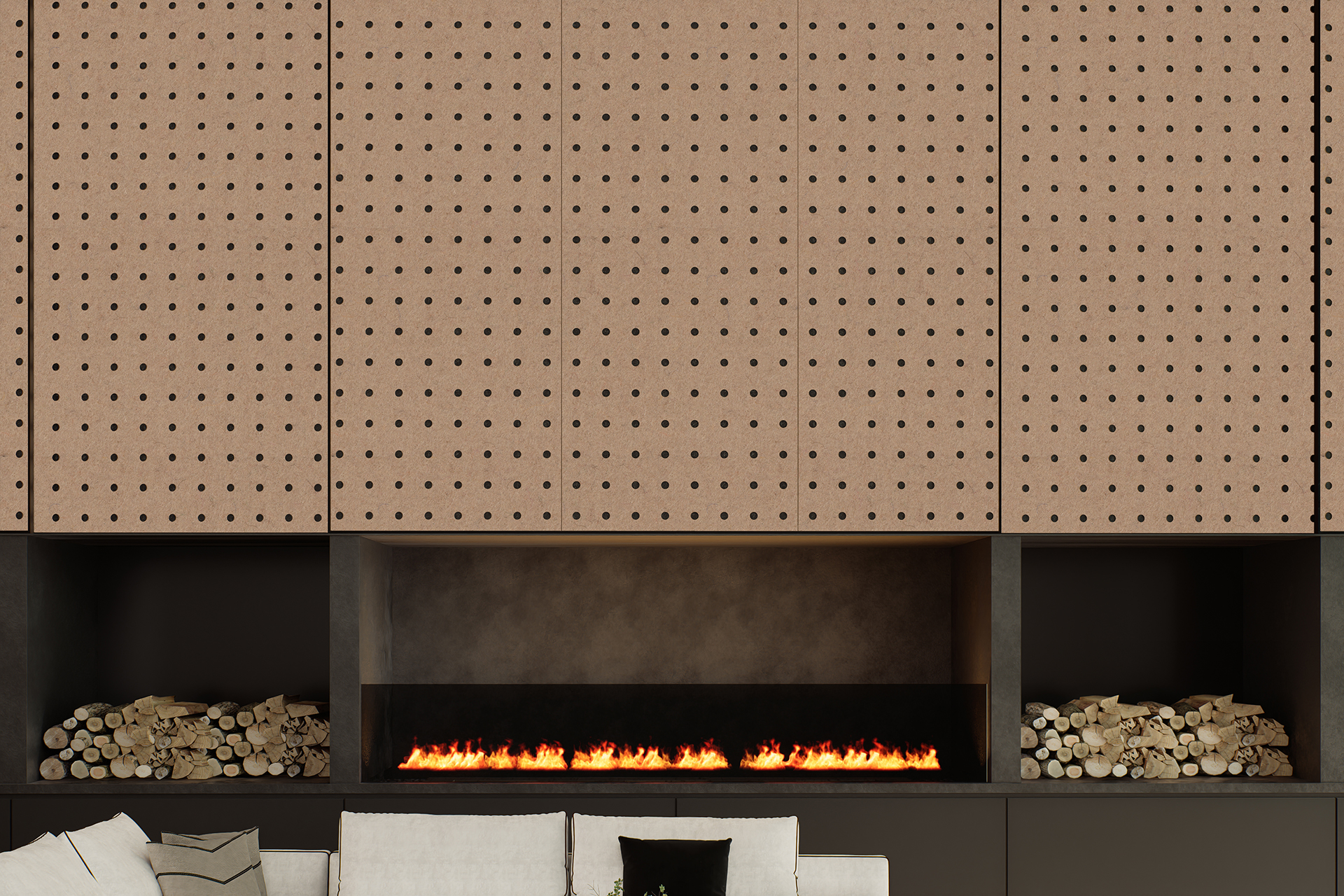 Modern living room with a built-in linear fireplace, stacked firewood on both sides, beige perforated acoustic wall panels above, and part of a light-colored sofa with black and striped pillows in the foreground.