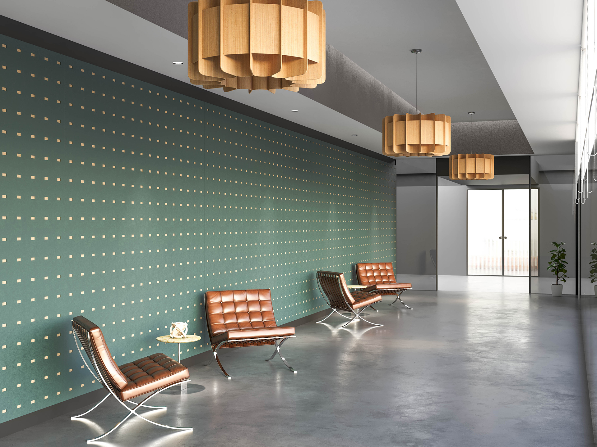 A modern waiting area with brown leather chairs, small side tables, a green acoustic felt wall with a square pattern, large pendant lights, and a polished concrete floor. Natural light enters from a glass door at the end.