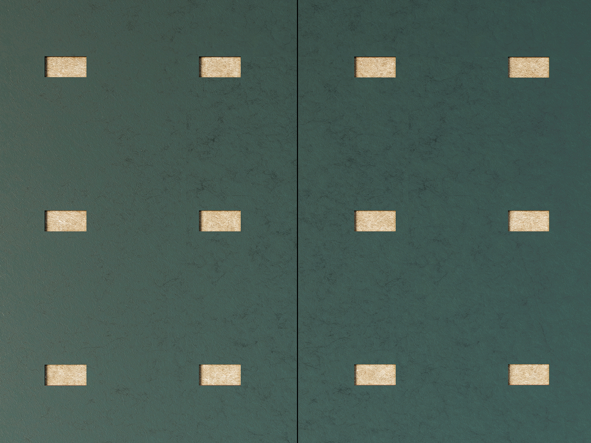 Dark green textured acoustic felt wall with two vertical panels, each featuring two columns of small, evenly spaced beige square insets arranged in a grid pattern.