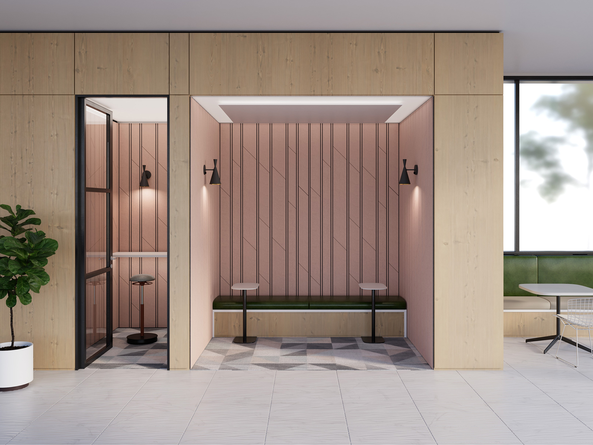 A modern office space with wood panel walls, a small private booth featuring acoustic felt wall panels with a geometric design, green cushioned bench, two black wall lamps, a side table, and a potted plant nearby. Large windows let in natural light.