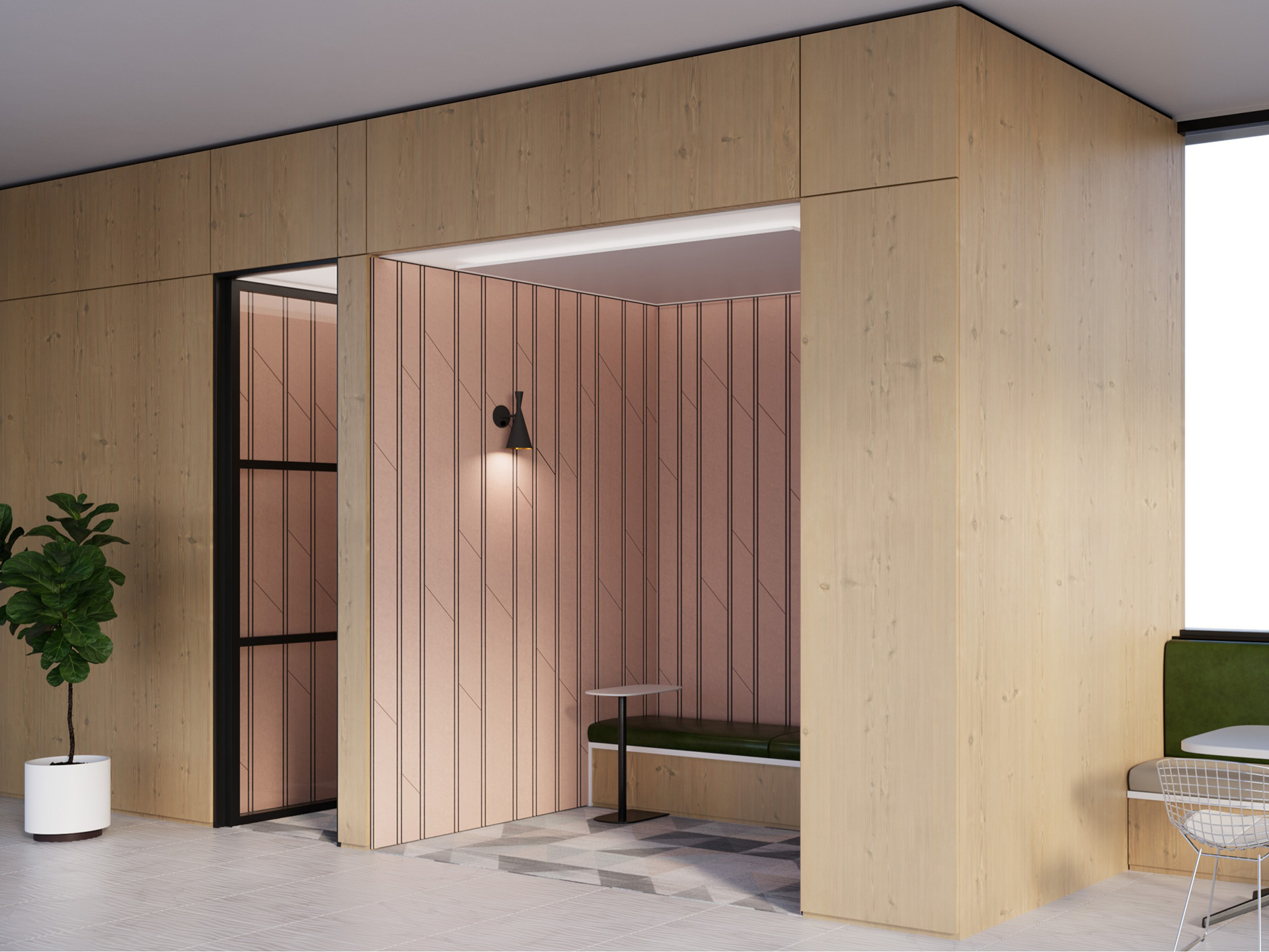 A modern interior space features a small booth with light pink acoustic felt walls, a green cushioned bench, a small table, a wall-mounted light, a potted plant, and geometric floor tiles.