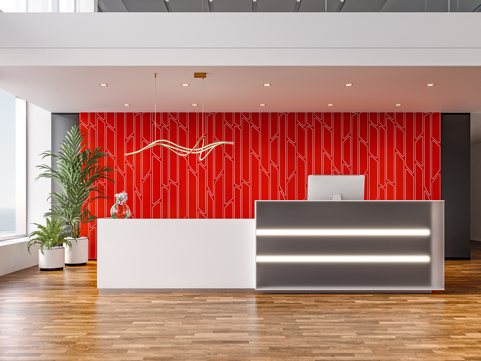 Modern office reception area with a white and gray desk, illuminated horizontal light strips, a computer monitor, and plant decor. The background features a bold red geometric accent acoustic felt wall and wooden flooring.