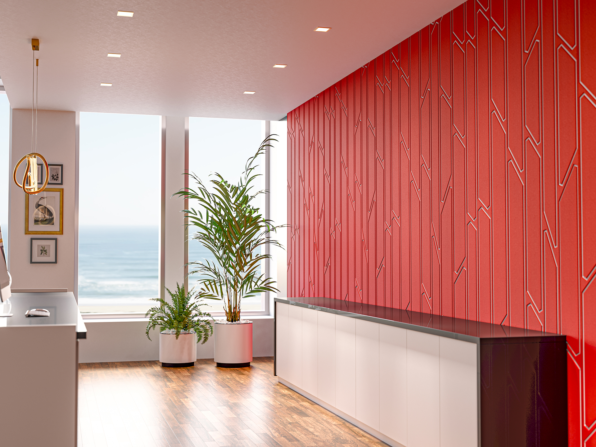 A modern room with large windows overlooking the ocean, wood flooring, a red acoustic felt accent wall with geometric patterns, two potted plants, and white cabinets.