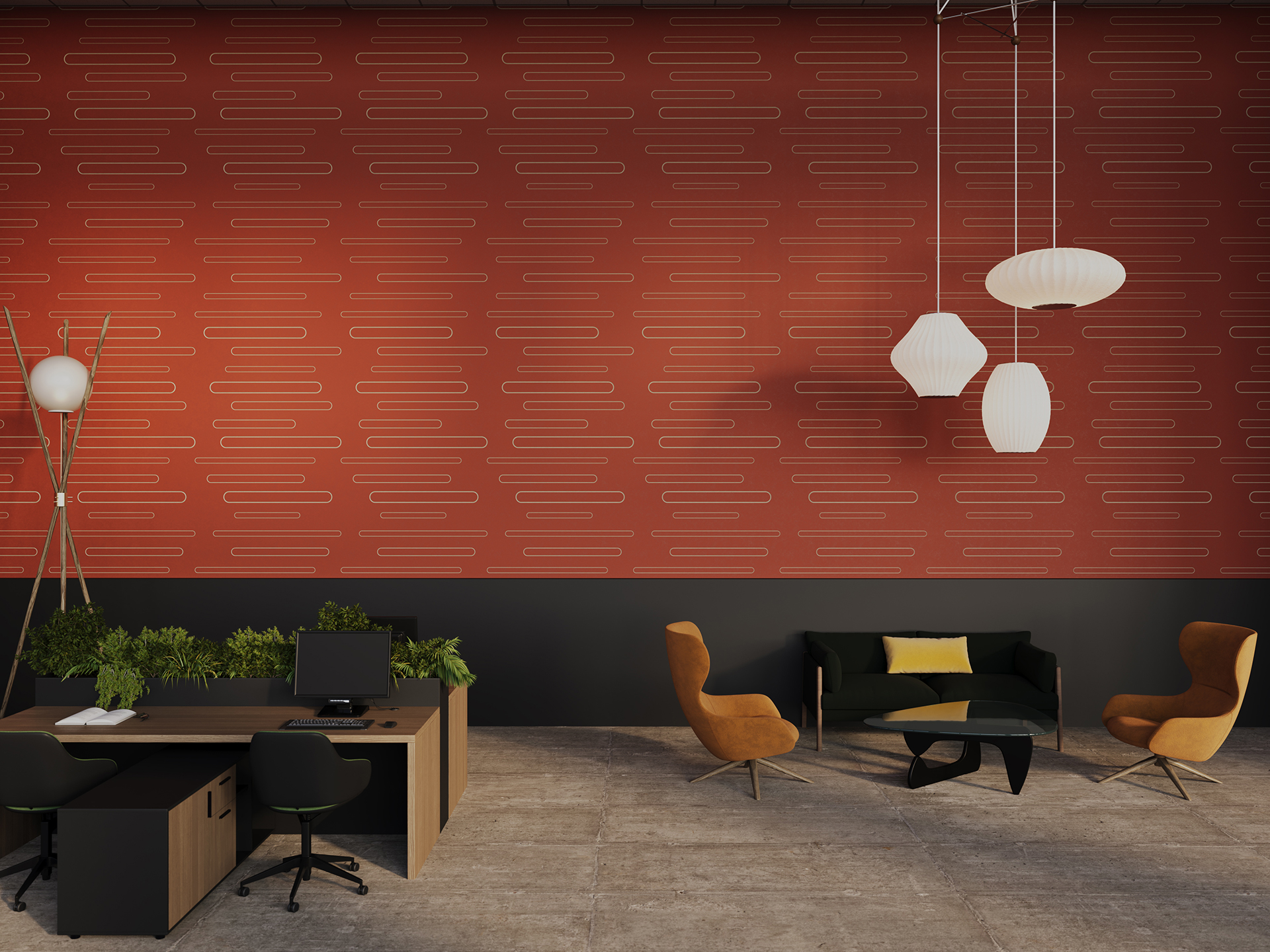 Modern office with a red patterned acoustic felt accent wall, pendant lights, green plants, a desk with computer, two mustard chairs, a dark green couch with yellow pillow, and a black coffee table on a tiled floor.