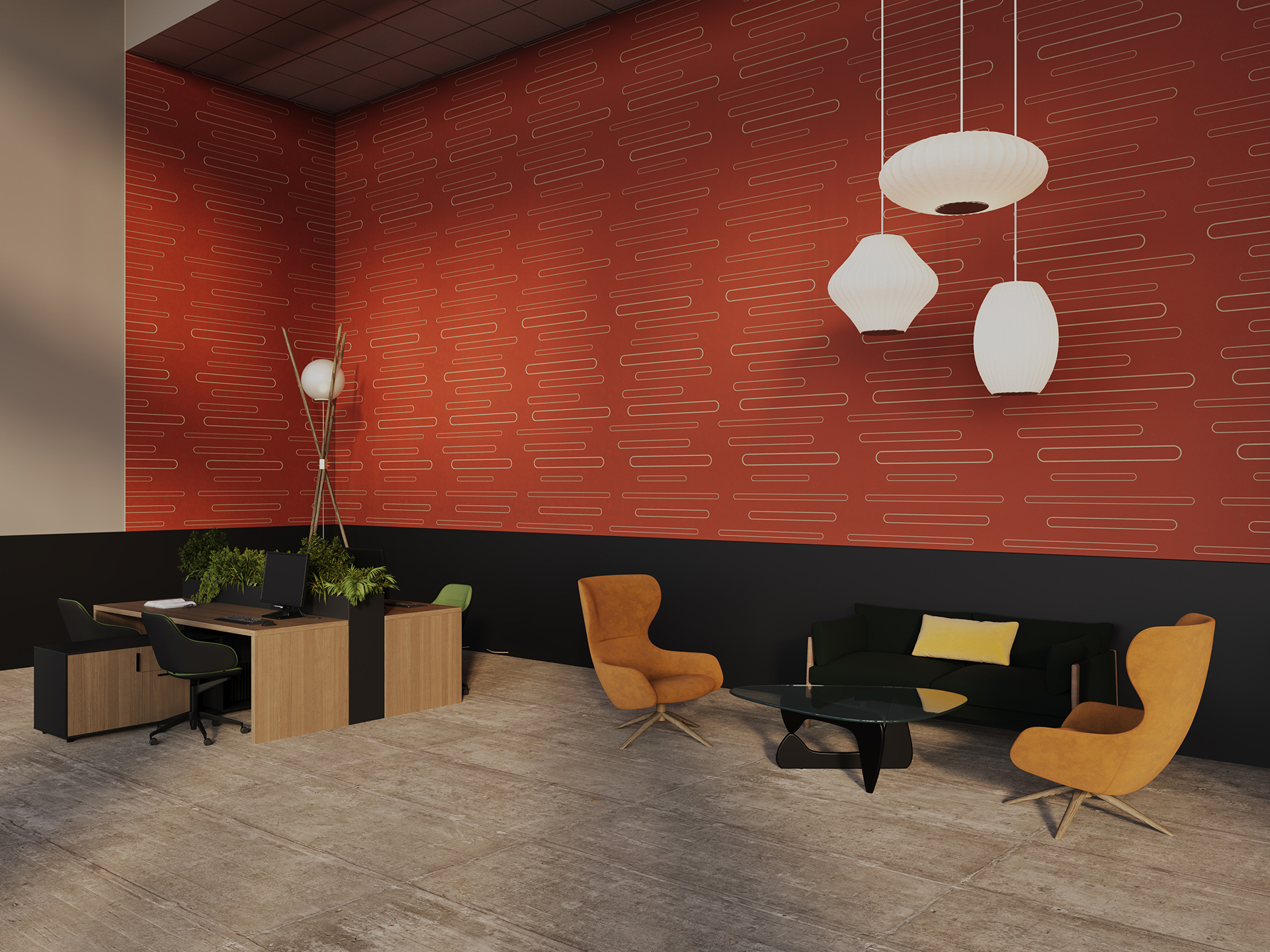 Modern office with red acoustic felt patterned wall, tall lamp, two desks with computers and plants, a black sofa with yellow pillow, two orange chairs, black coffee table, and three white pendant lights.