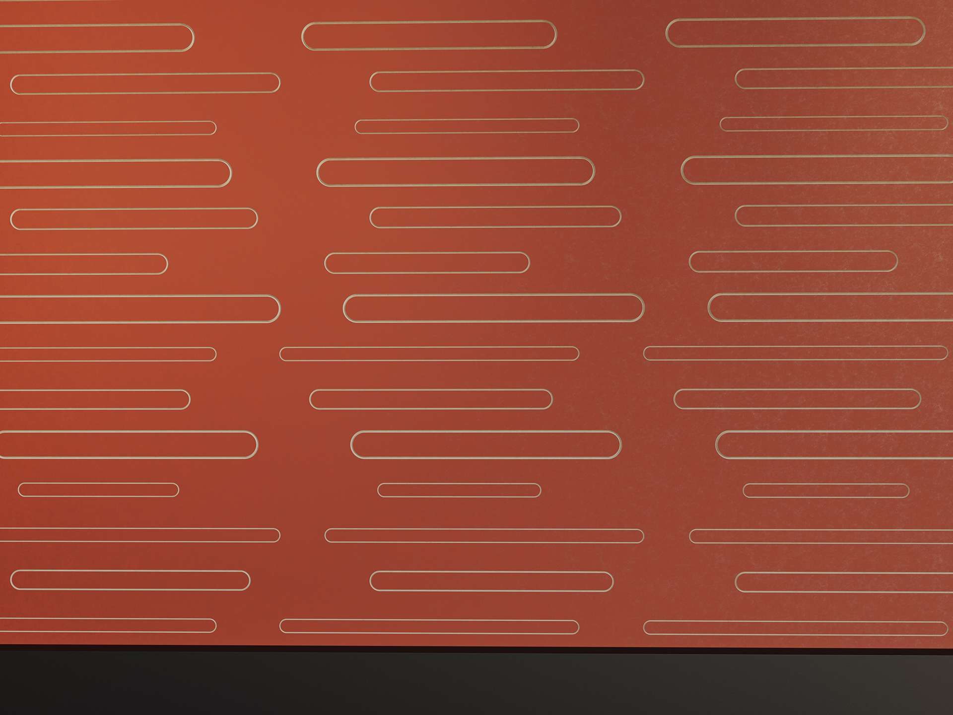A red acoustic felt wall with a pattern of horizontal gold lines, each rounded at the ends, arranged in a staggered design. There is a solid black strip at the bottom of the image.