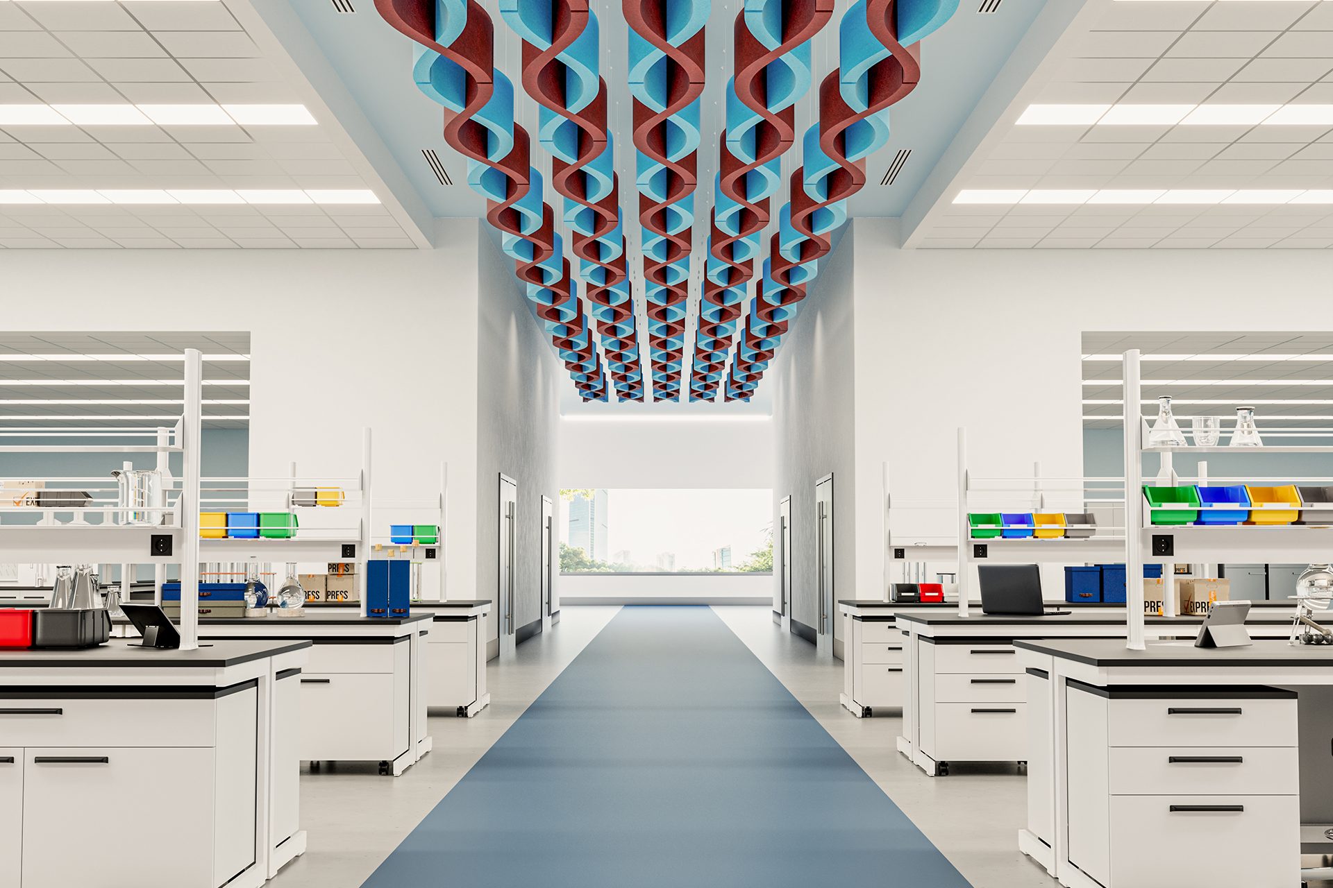 Bright, modern laboratory with white workstations, colorful storage bins, and scientific equipment. Red and blue DNA helix-inspired acoustic felt baffles hang from the ceiling over a central blue walkway. Large windows provide natural light.