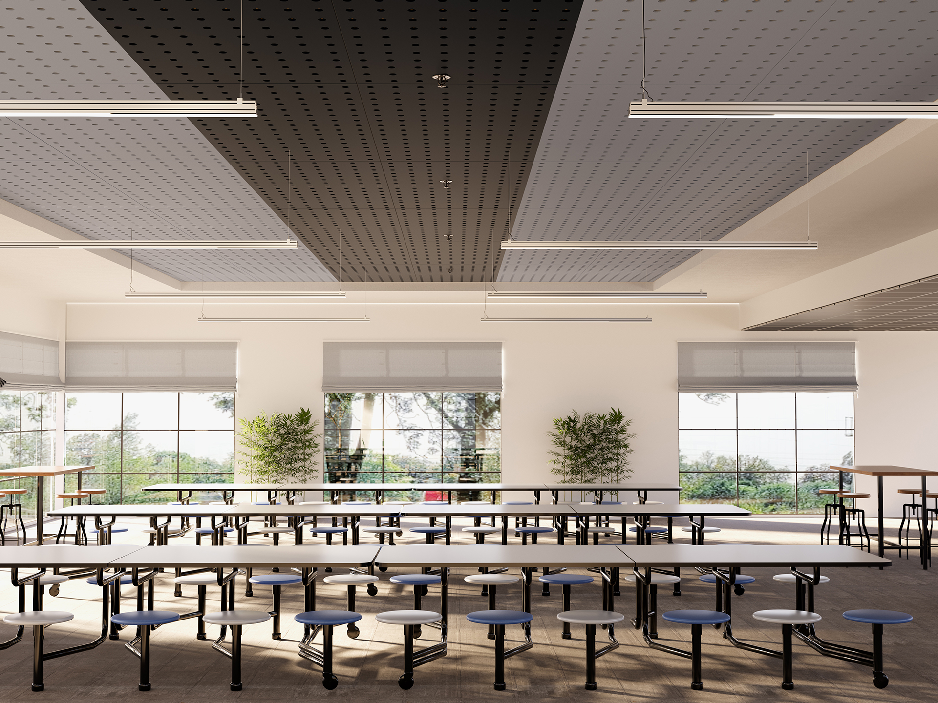 A modern, empty cafeteria with long tables and round blue stools, large windows letting in natural light, potted plants near the windows, and an acoustic felt ceiling panel with perforated circles overhead.
