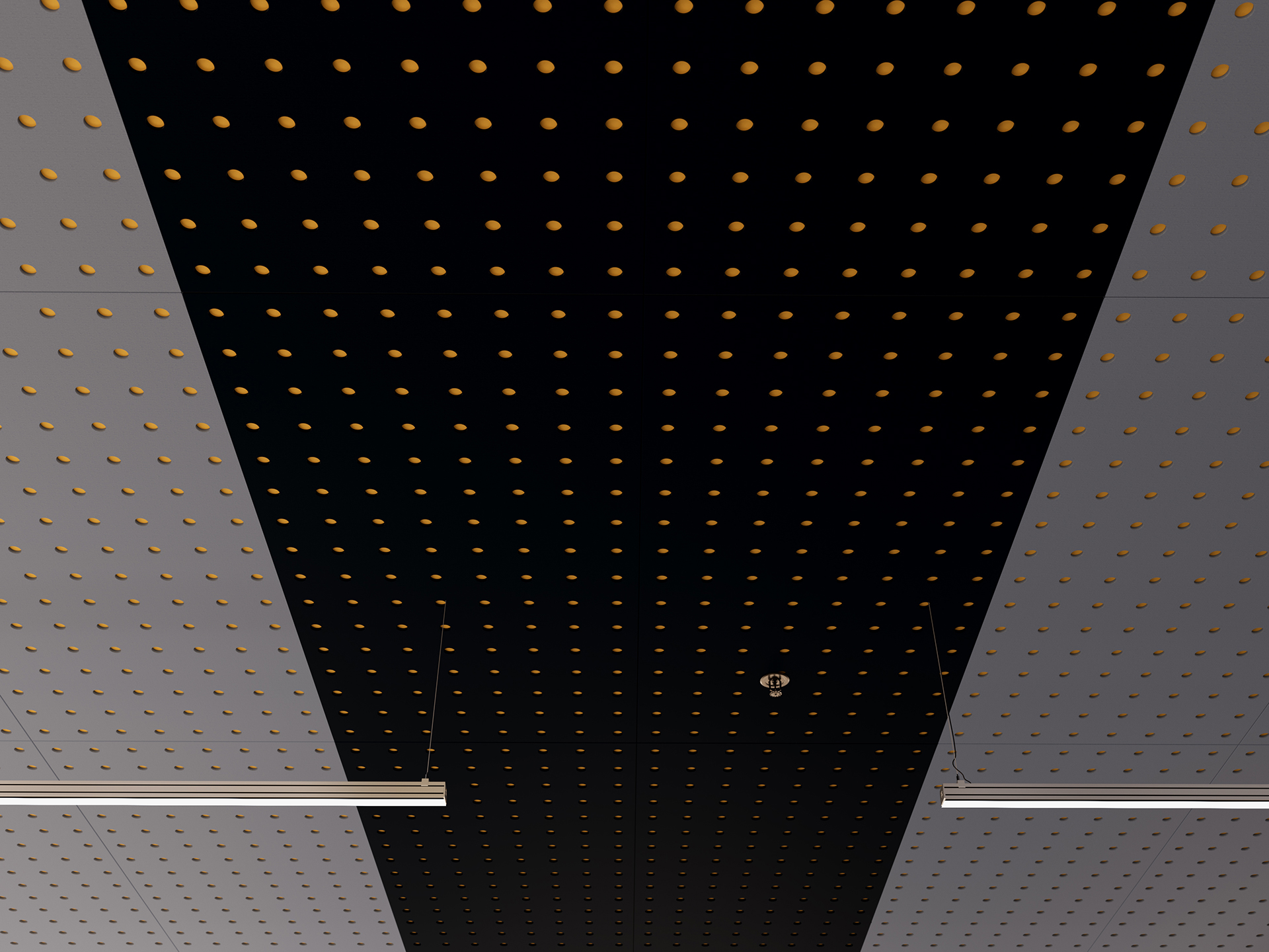 A modern ceiling with a wide dark blue acoustic felt panel in the center, featuring a grid of small yellow dots, surrounded by gray acoustic felt ceiling panels and linear light fixtures.