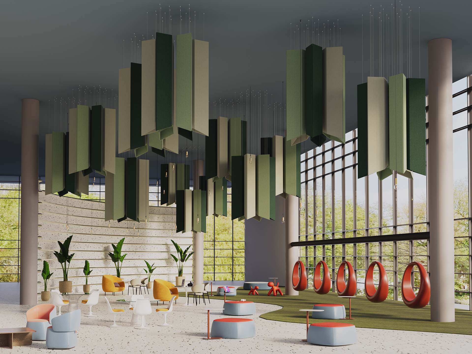 A spacious, modern lounge with tall windows, green and gray geometric acoustic felt ceiling clouds, colorful chairs and tables, potted plants, and circular red seating pods by the windows overlooking greenery outside.