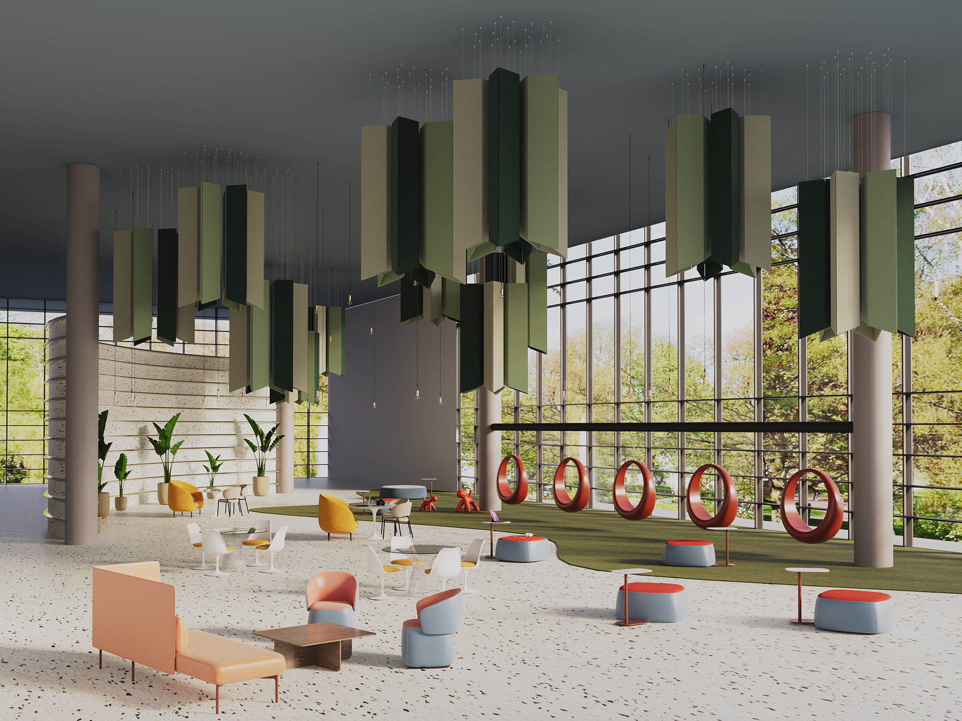 A spacious, modern lobby with colorful seating, round red swing chairs, large floor-to-ceiling windows, indoor plants, terrazzo flooring, and bold geometric acoustic felt clouds hanging from the ceiling.