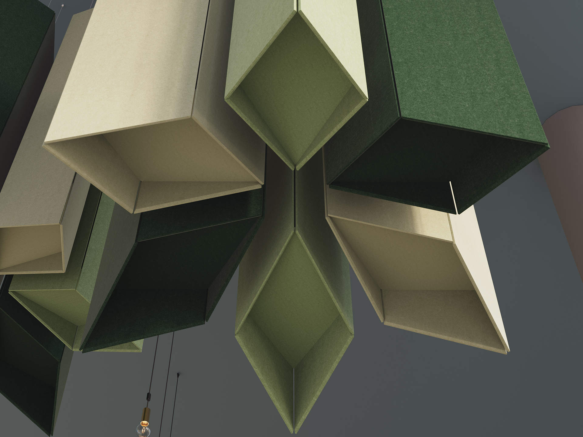 Rectangular green and beige acoustic felt clouds hang from a ceiling in a geometric arrangement, viewed from below. A small exposed light bulb is visible in the background. The overall lighting is soft and diffused.