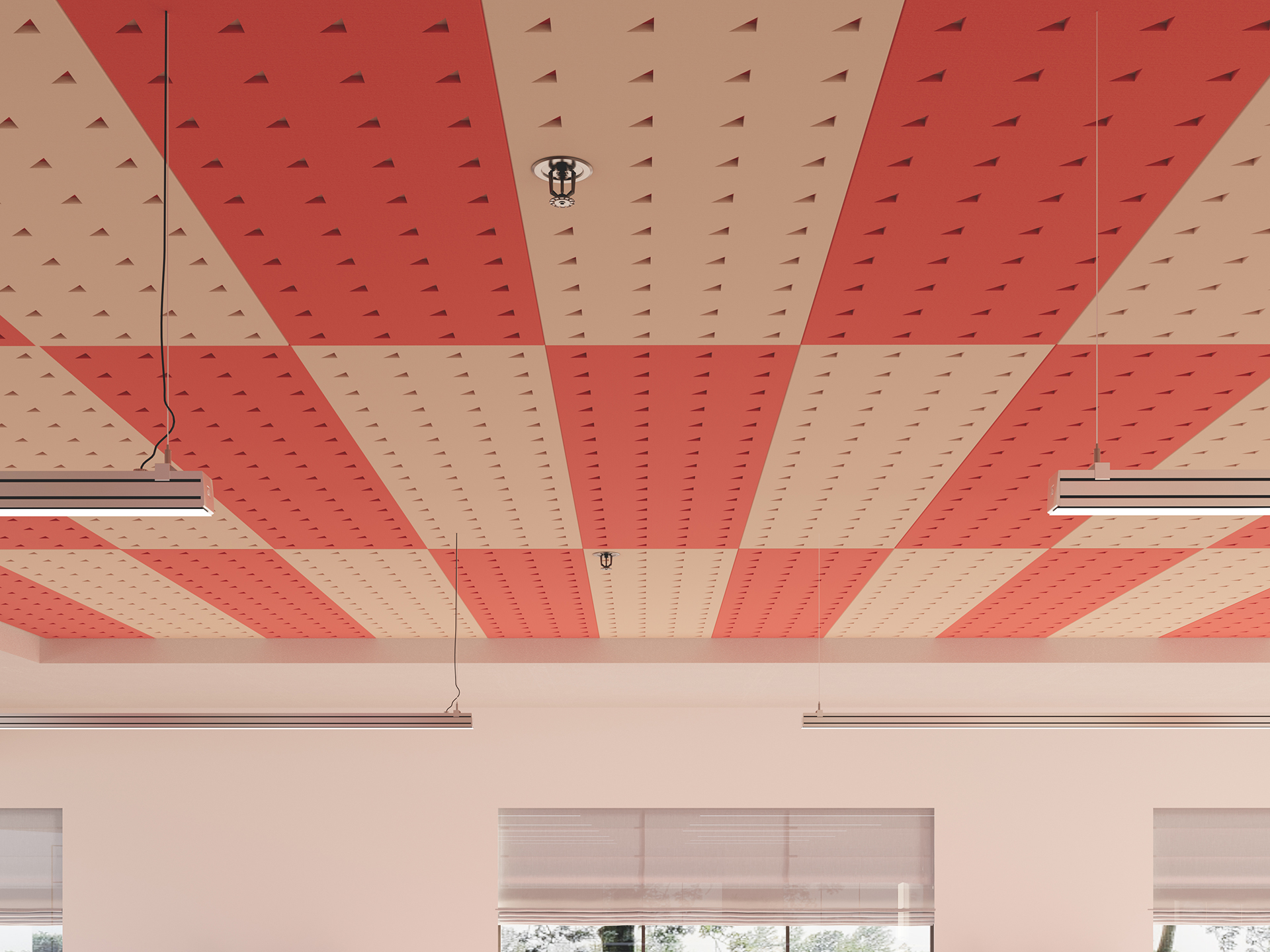 A ceiling with alternating wide red and beige acoustic felt panels, each featuring small triangular patterns. Two linear pendant lights hang from the ceiling, and windows with blinds are visible below.