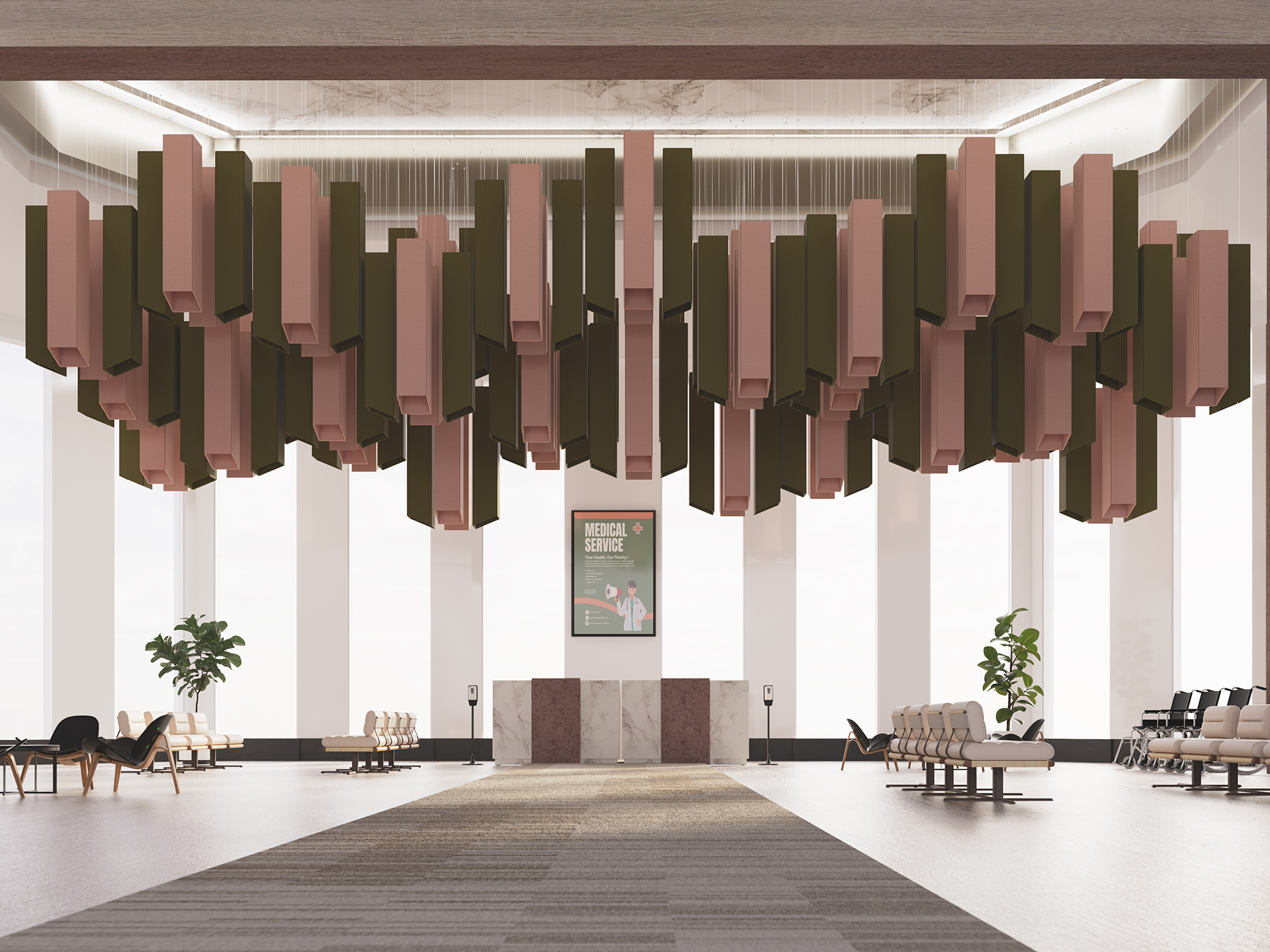 A spacious, modern lobby with geometric hanging acoustic felt ceiling clouds, a reception desk, large windows, plants, and rows of chairs lining the walls. A “Medical Service” sign hangs above the desk.