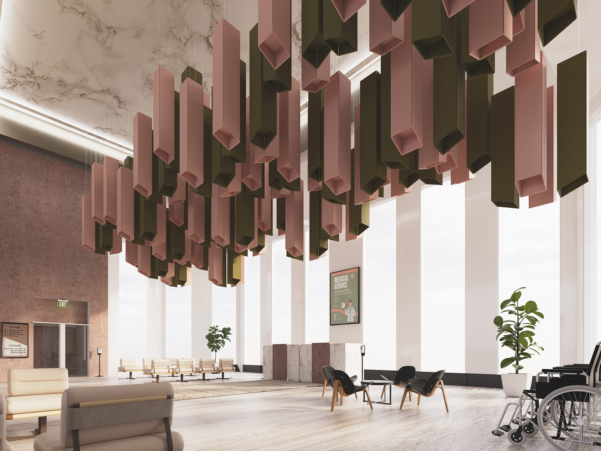 A modern lobby with high ceilings, geometric pink and brown hanging acoustic felt ceiling clouds, large windows, seating areas, plants, and a wheelchair in the foreground. Natural light fills the spacious, contemporary interior.
