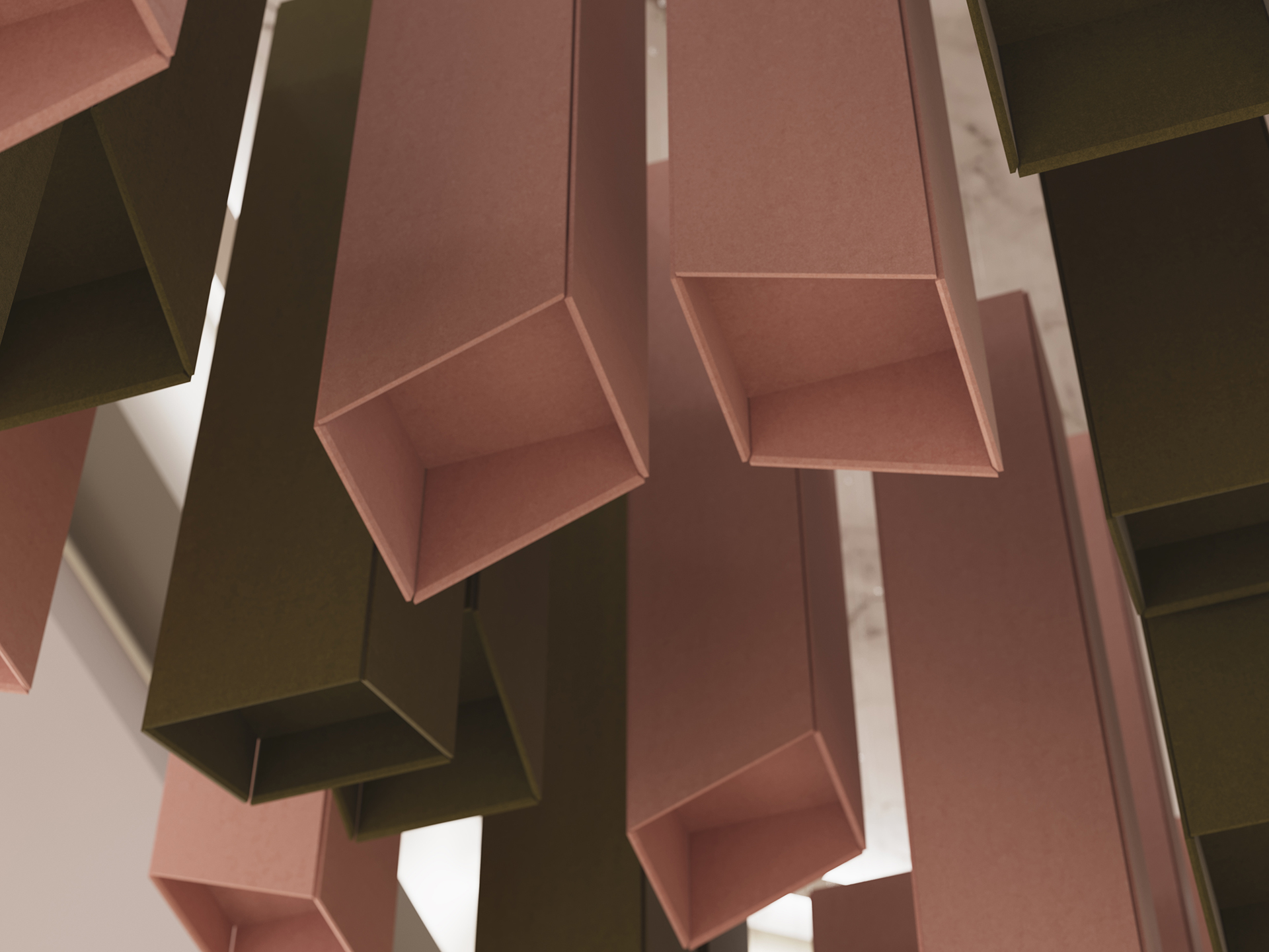 A close-up view of rectangular, open-ended pink and olive green acoustic felt clouds hanging from a ceiling, creating a geometric and abstract installation.