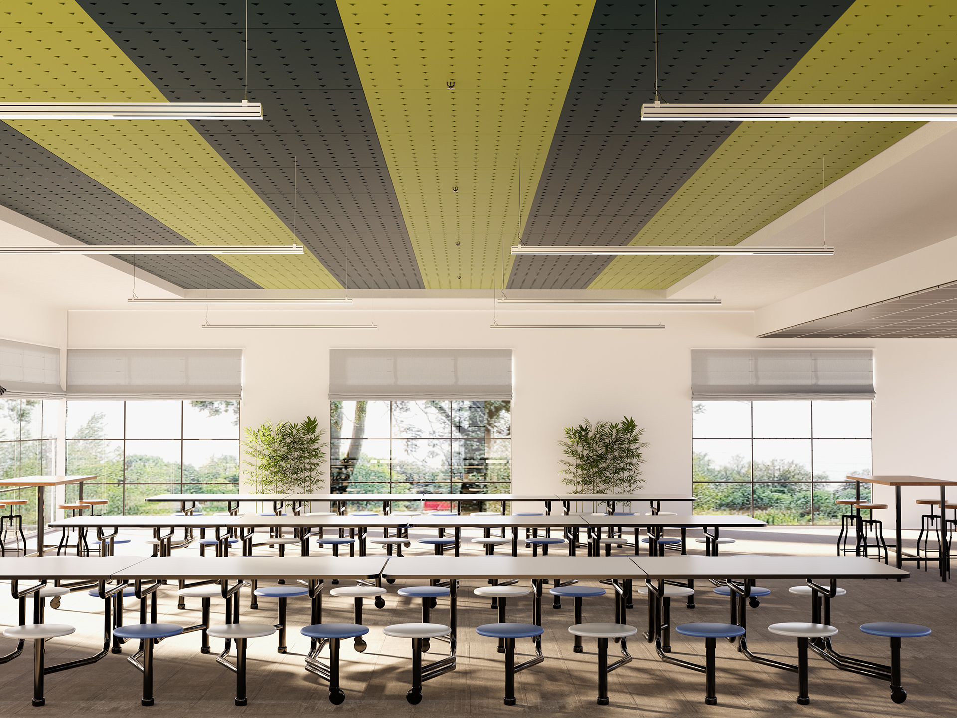 A modern cafeteria with long tables, round blue-and-white stools, large windows with outside views, indoor plants, and a ceiling featuring alternating green and black acoustic felt panels.