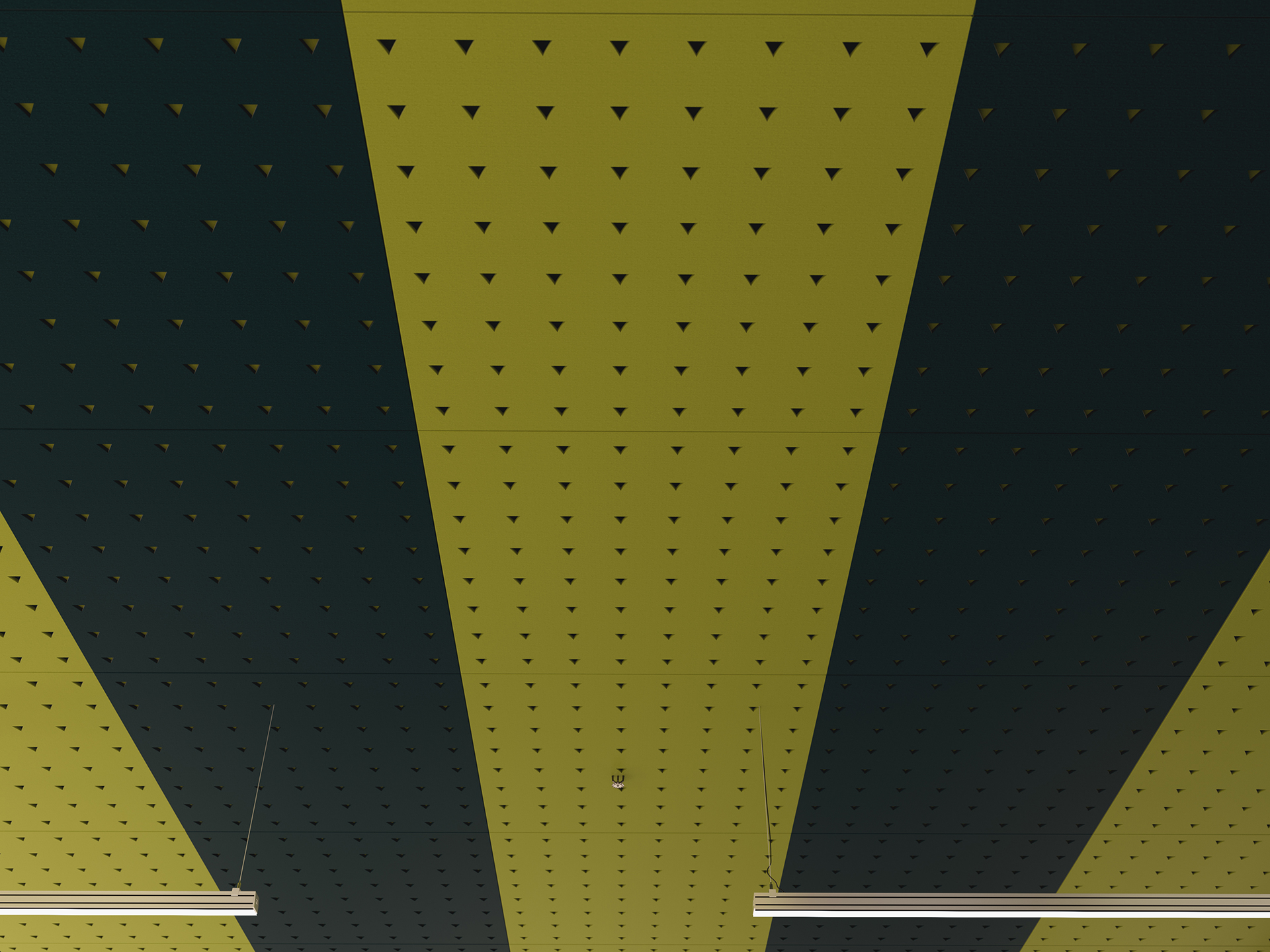 Ceiling with alternating wide bright green and dark blue acoustic felt panels, each panel dotted with evenly spaced small black triangles; two narrow white rectangular light fixtures hang below.