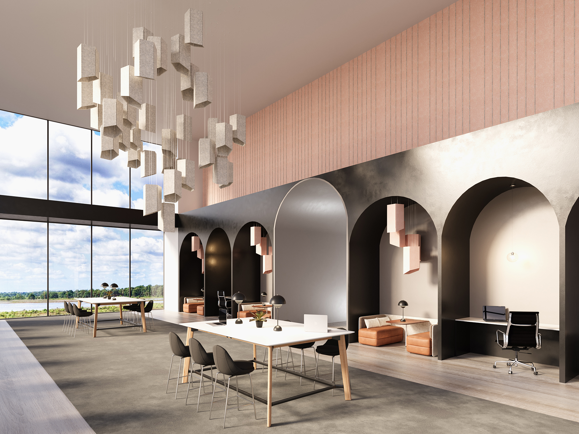 Modern office space with high ceilings, large windows, pendant acoustic felt ceiling clouds, long shared tables with chairs, private workstations in arched alcoves, and neutral décor with natural light streaming in.