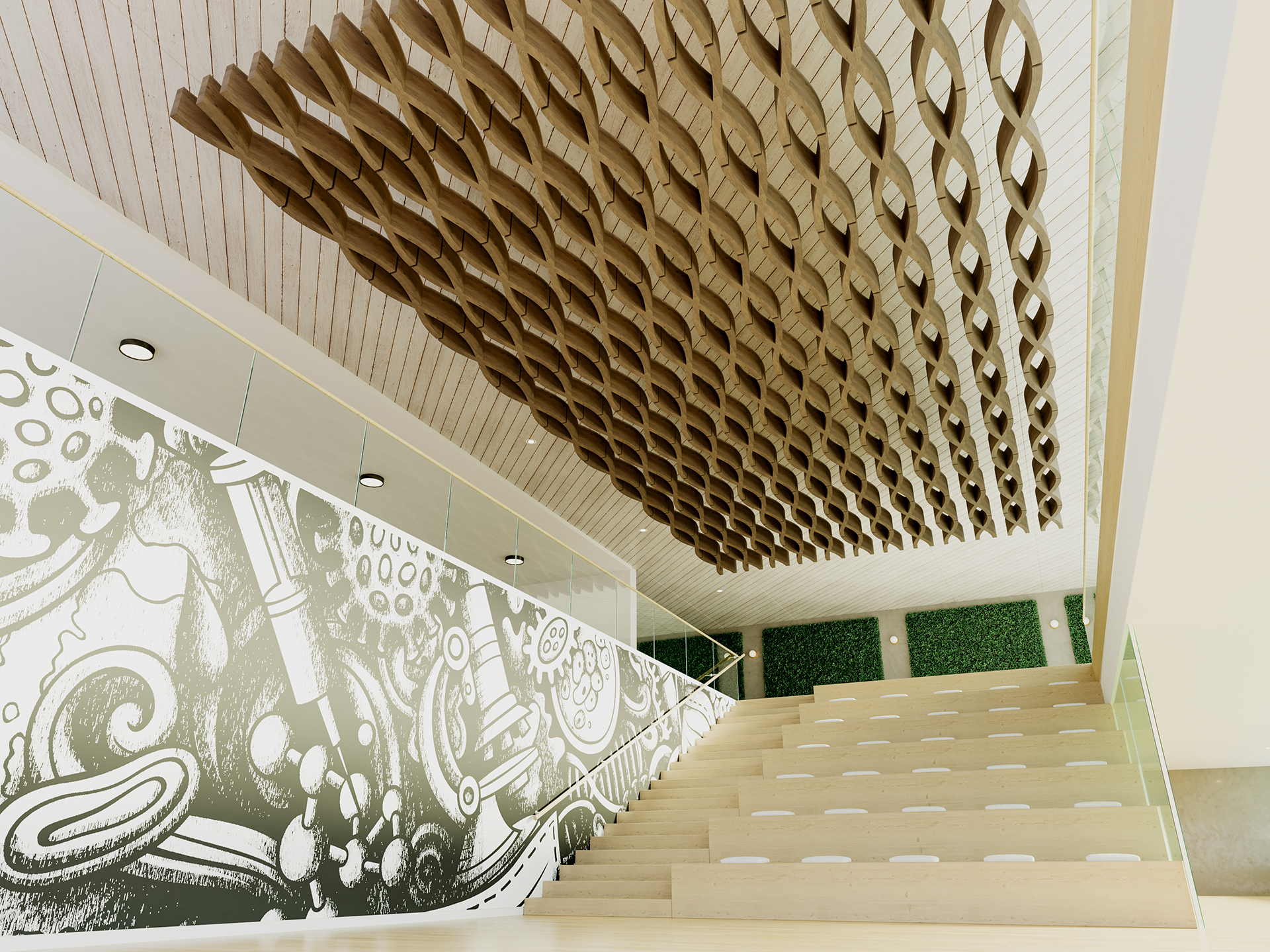 A modern indoor staircase with light wood steps, glass railings, a large abstract acoustic felt woodgrain installation on the ceiling, and a mural with organic shapes on the wall beside the stairs.