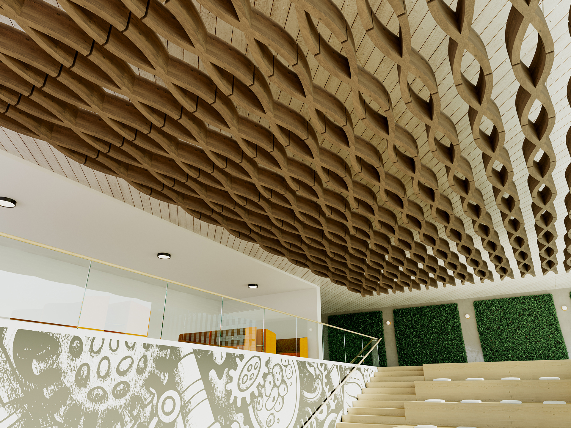A modern auditorium features tiered wooden seating, green wall panels, patterned wall art, glass railings, and a distinctive woodgrain acoustic felt lattice ceiling with repeating geometric shapes.