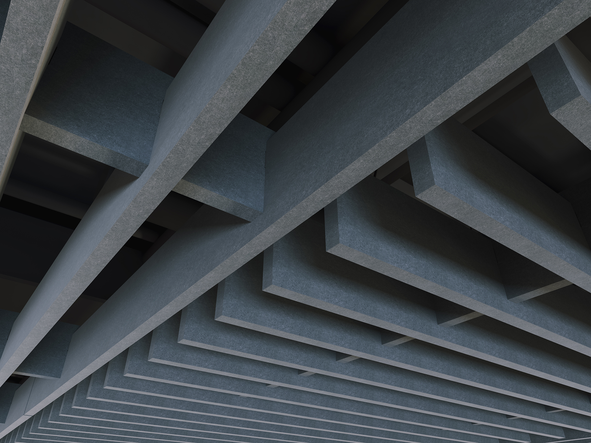Close-up view of an abstract architectural acoustic felt ceiling with overlapping, angled rectangular panels in shades of gray, creating a geometric, layered pattern.