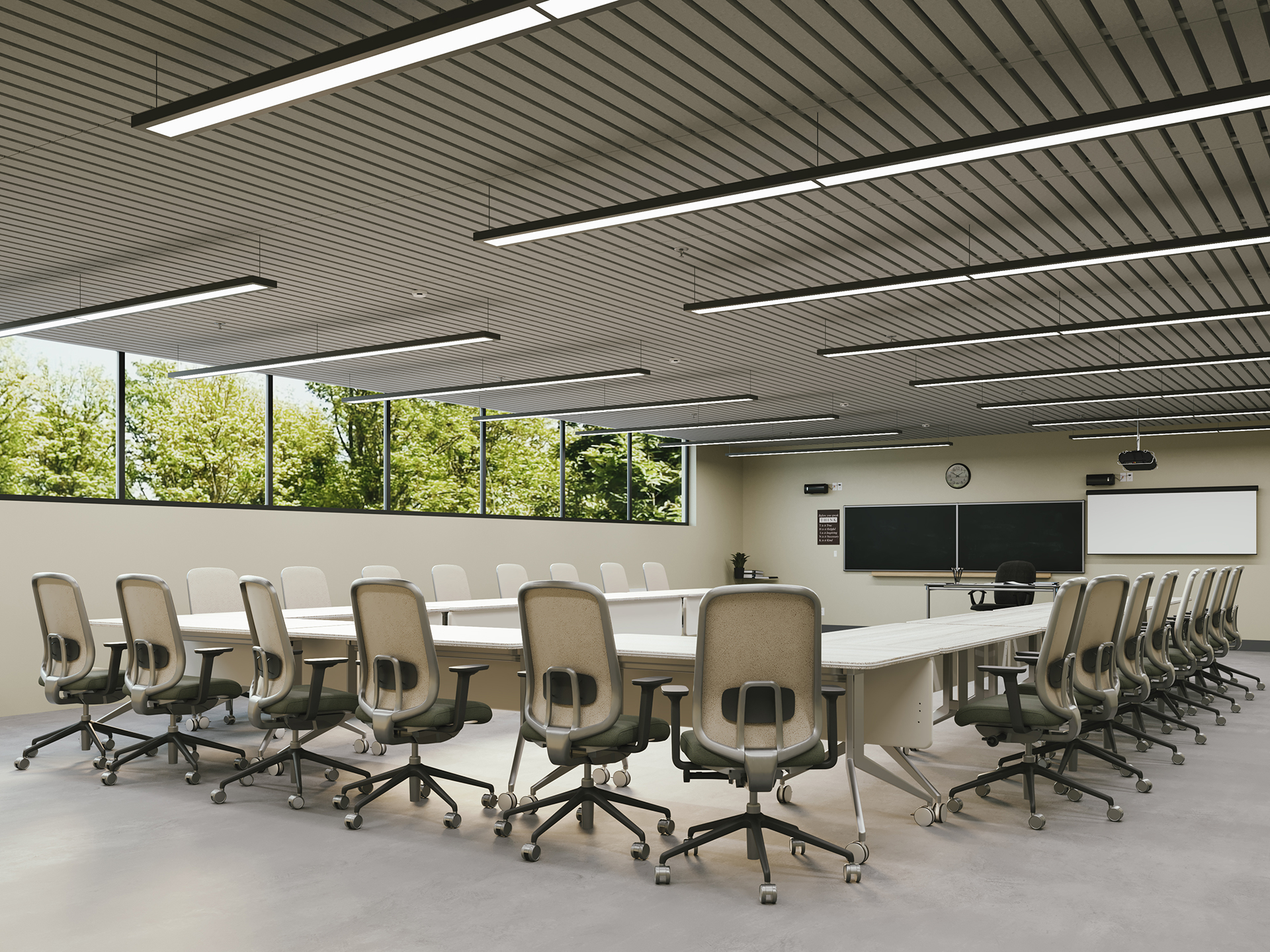 A modern conference room with a large U-shaped table, surrounded by empty office chairs. There are large windows with a view of green trees, whiteboards, a clock, and overhead lights in an acoustic felt slatted ceiling.