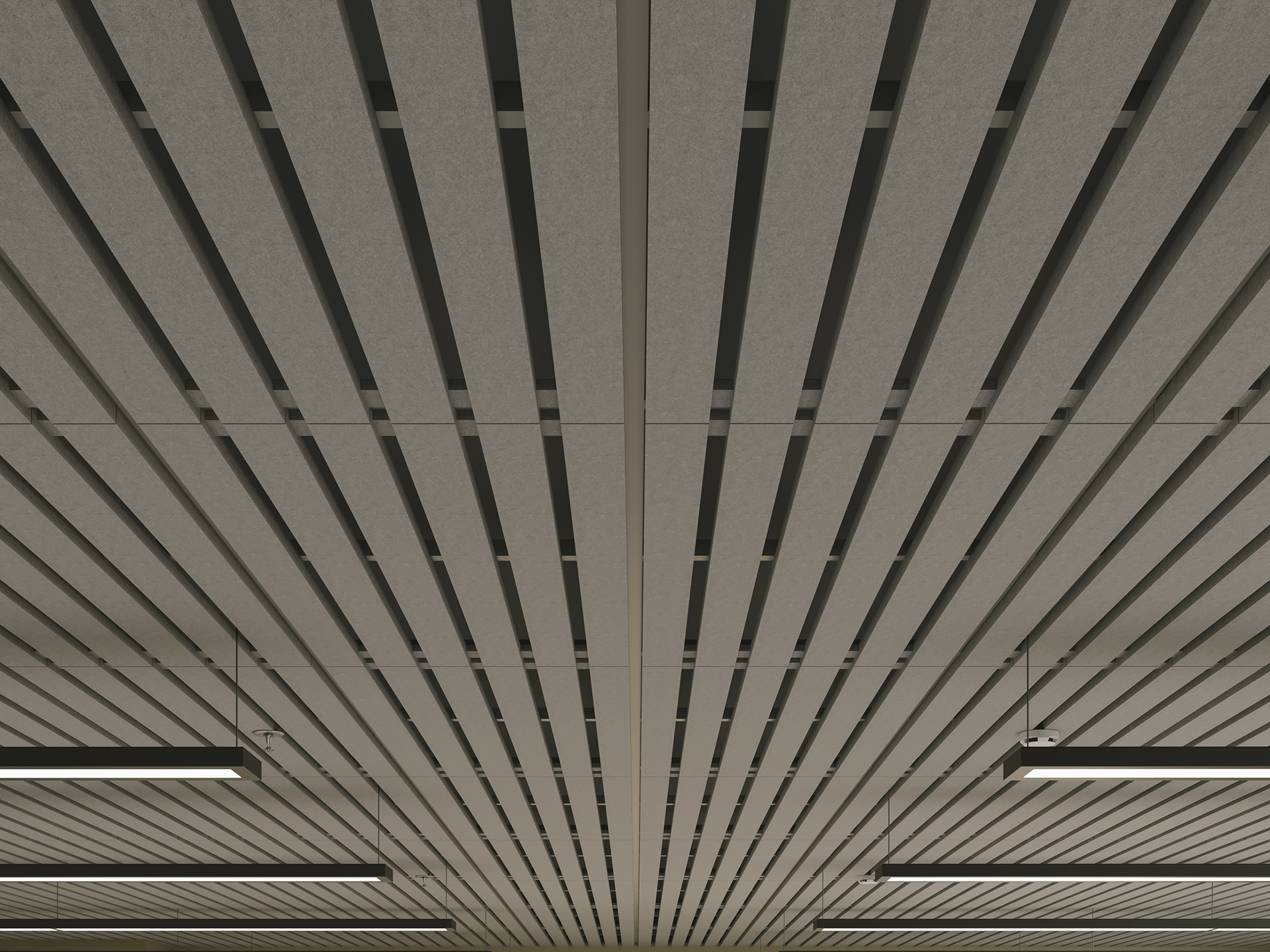 Ceiling with evenly spaced parallel acoustic felt slats, modern minimalist design, and several rectangular strip lights hanging down. The perspective is from directly below, looking upward.