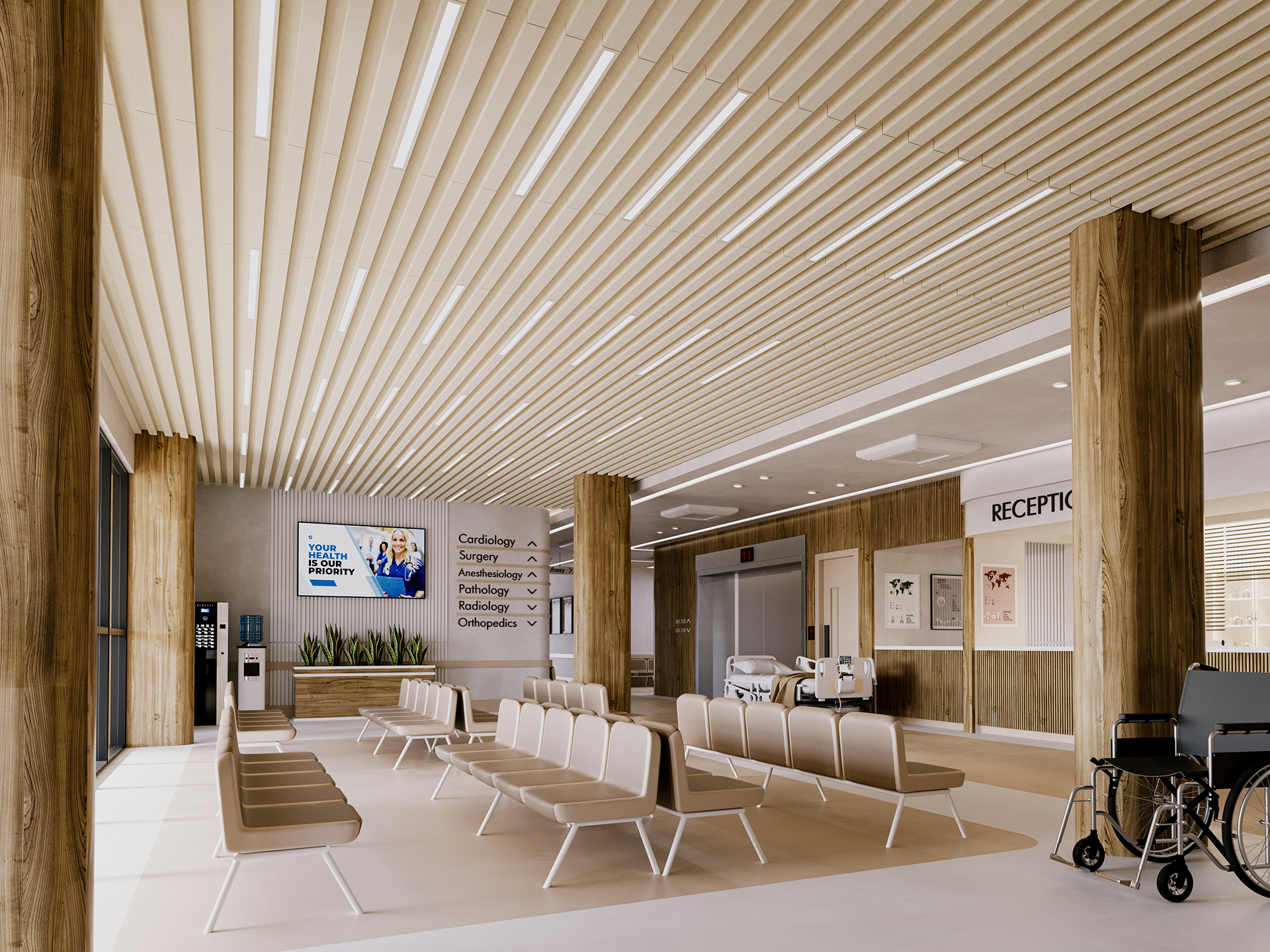A modern hospital waiting area with beige seating, wooden columns, and a slatted acoustic felt ceiling. Signs point to various departments. There is a reception desk, a wheelchair, and a digital screen showing hospital information.