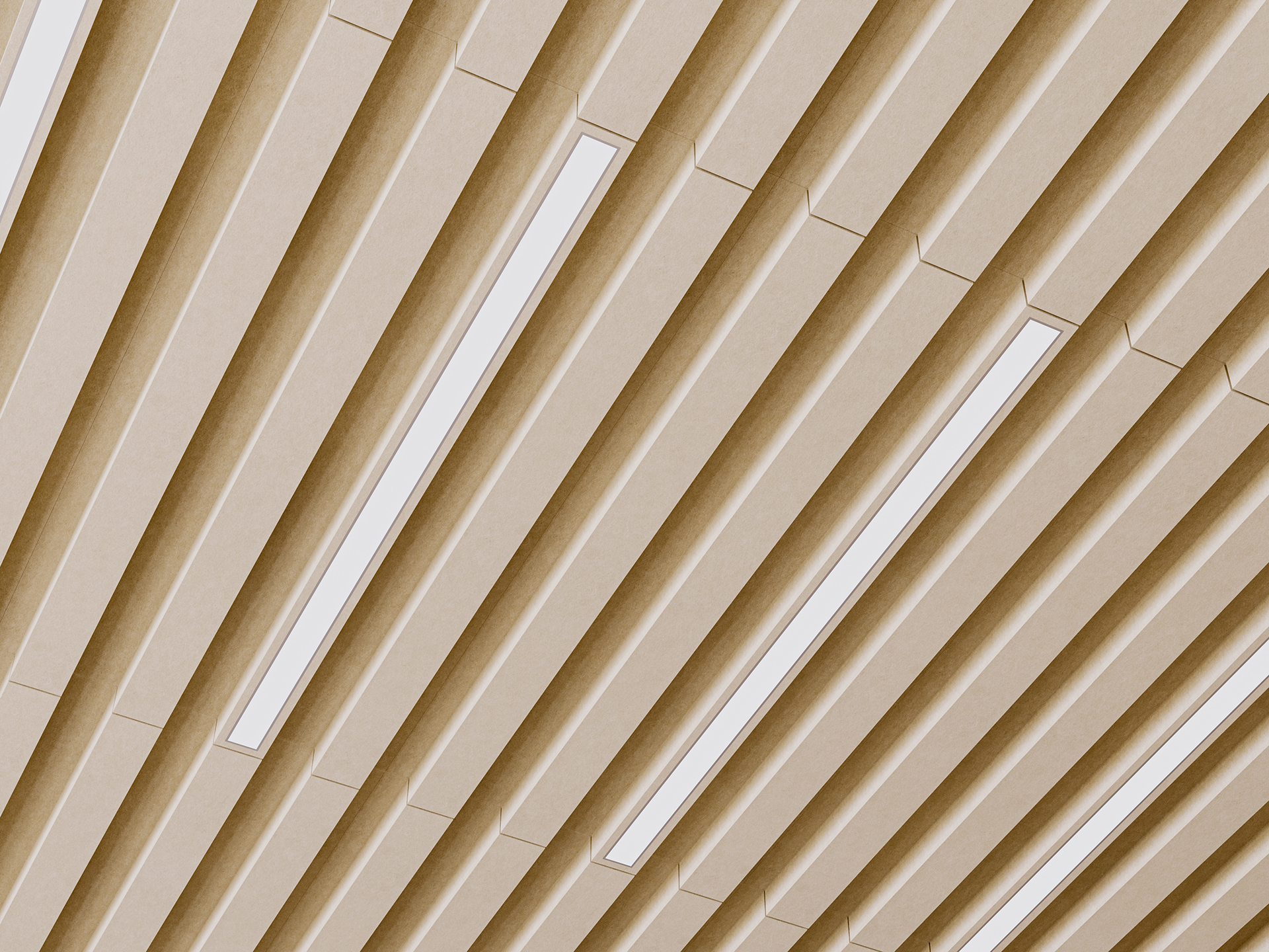 Diagonal view of a modern acoustic felt ceiling featuring evenly spaced, light brown rectangular panels with narrow white recessed lights in between.