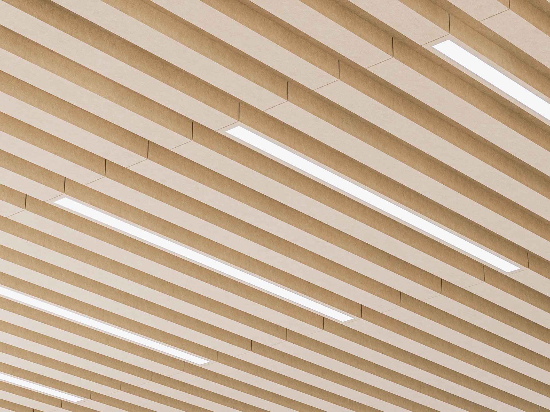 A modern acoustic felt ceiling with evenly spaced, light felt slats running parallel, featuring several long, narrow recessed LED lights between the slats. The design creates a clean, geometric pattern.