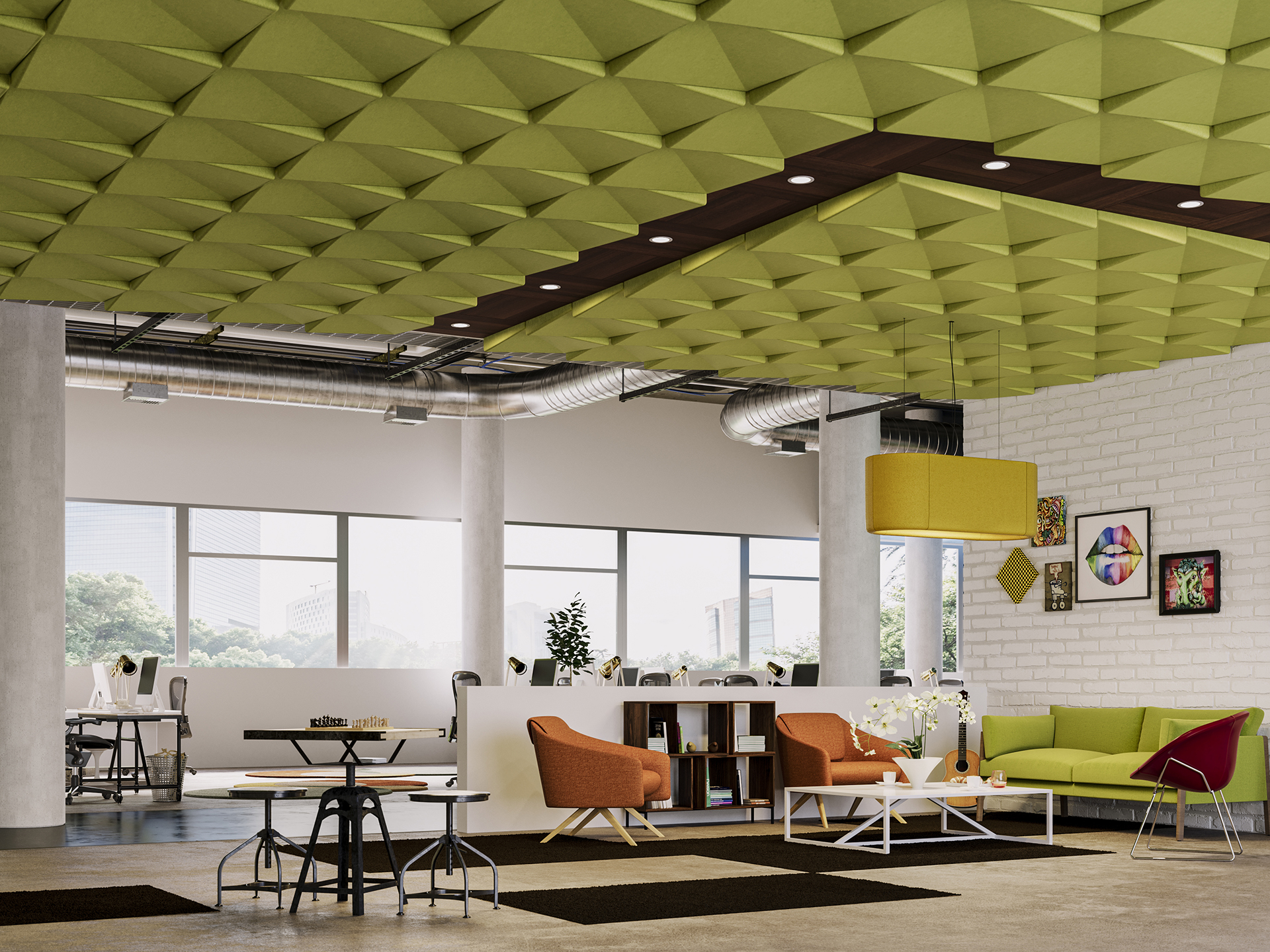 Modern open office space with colorful furniture, green geometric acoustic felt ceiling tiles, large windows, and exposed ductwork. Seating includes armchairs, a green sofa, and white tables, with art on the white brick wall.