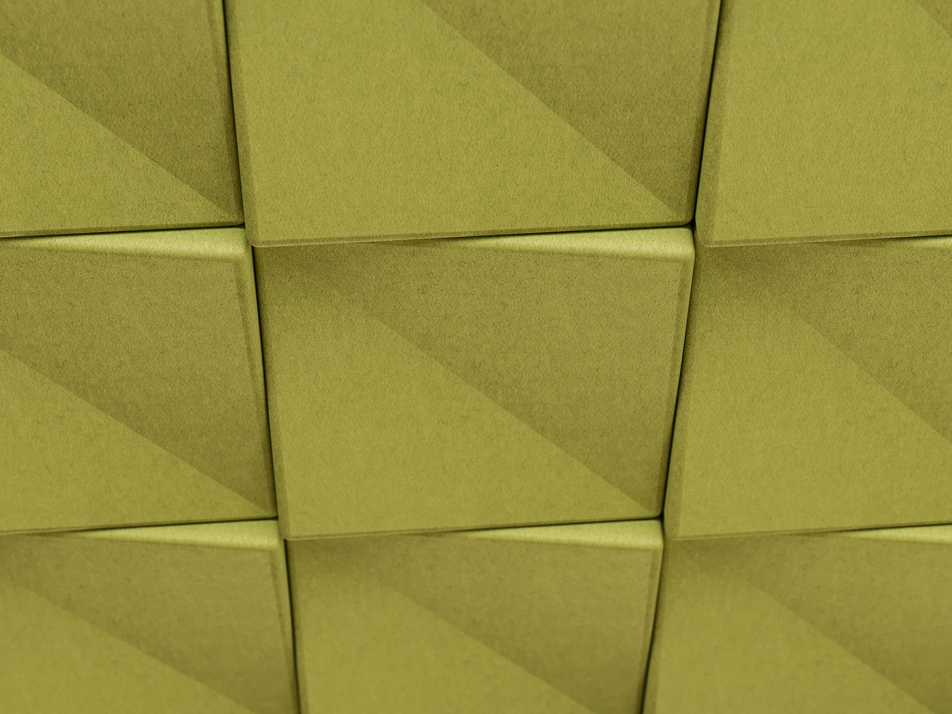 Close-up of textured acoustic felt ceiling tiles featuring a repeating geometric pattern of raised, folded squares in a muted green color, creating a three-dimensional, tiled appearance.