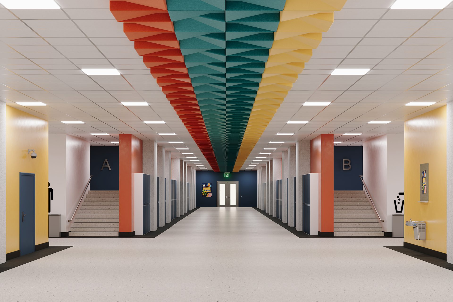 A modern school hallway with colorful geometric acoustic felt ceiling panels, yellow and beige walls, stairs on both sides labeled A and B, lockers, and double doors at the end.