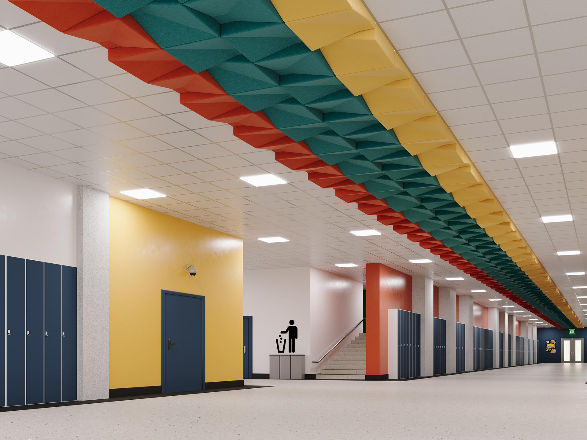 A modern school hallway with blue lockers, a yellow and white wall, and colorful geometric acoustic felt ceiling tiles in green, yellow, and red. A staircase and a waste bin with a figure icon are visible in the background.