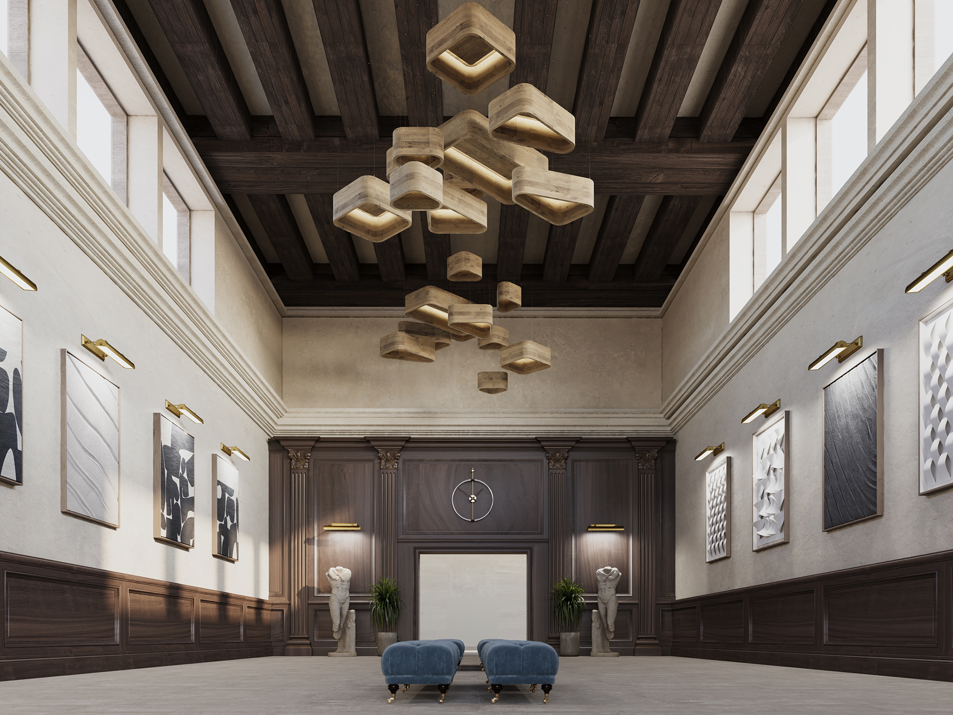 A spacious, elegant room with a woodgrain ceiling, modern geometric acoustic felt chandelier installation, classical wall art, two blue ottomans, statues, potted plants, and a large clock above double doors. Natural light streams through tall windows like drifting clouds.