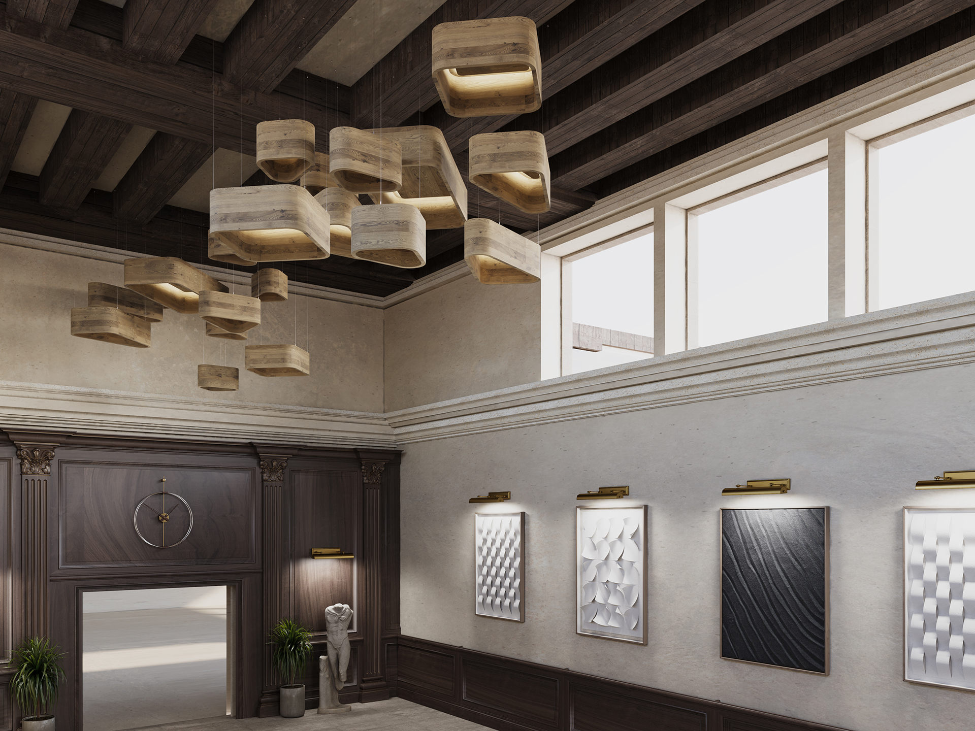 A modern interior with woodgrain ceiling beams, abstract acoustic felt ceiling clouds, and framed geometric art. Large windows let in natural light, brightening the sophisticated space.