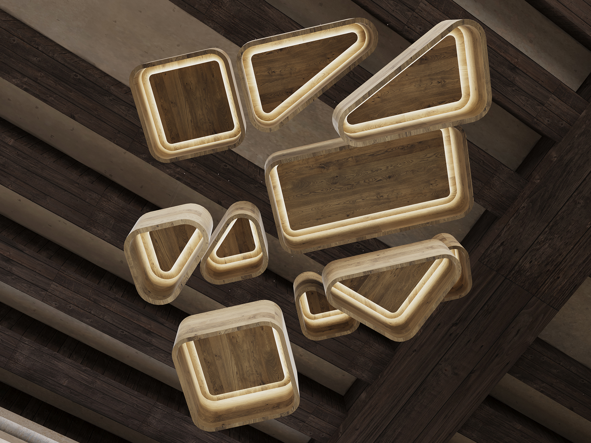 Wooden geometric acoustic felt ceiling clouds with integrated warm lighting, featuring cloud-like shapes and rich woodgrain, are mounted on a ceiling with exposed wooden beams.