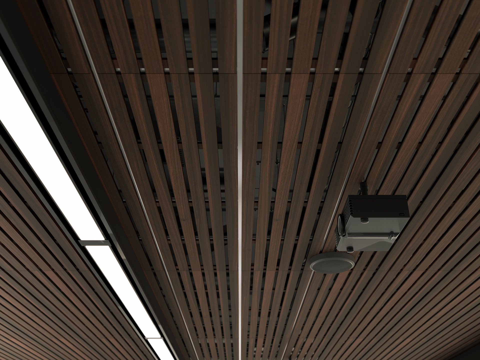 Close-up view of a modern acoustic felt ceiling with parallel wooden slats, integrated linear LED light panels, and a mounted black device with a round speaker or sensor.