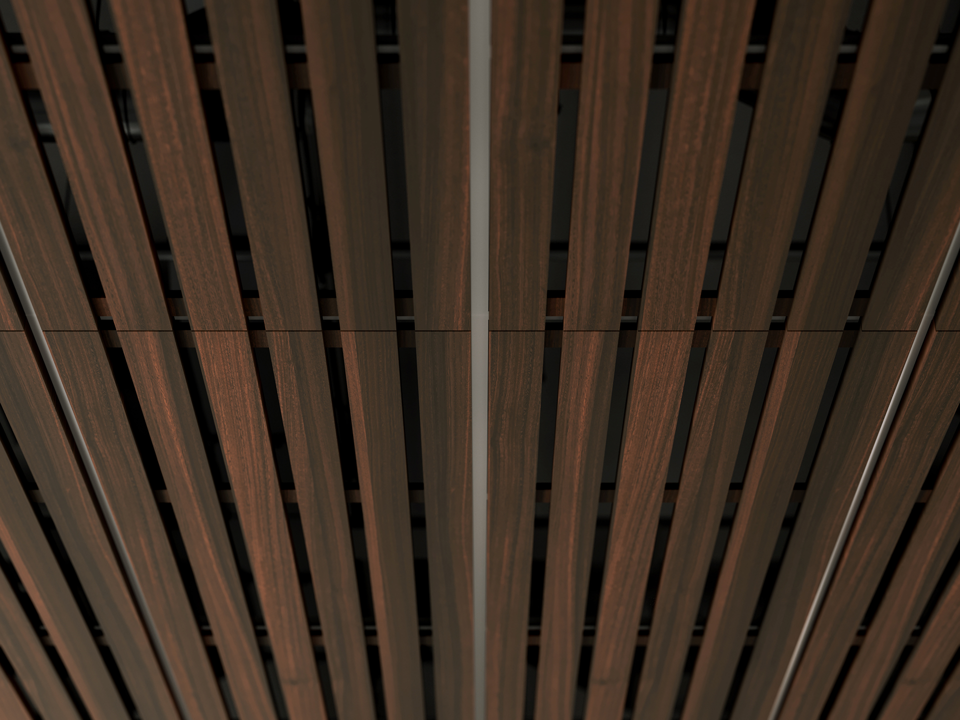 Close-up view of an acoustic felt ceiling with evenly spaced, vertical slats, creating a modern and geometric pattern with shadows in the gaps between the slats.