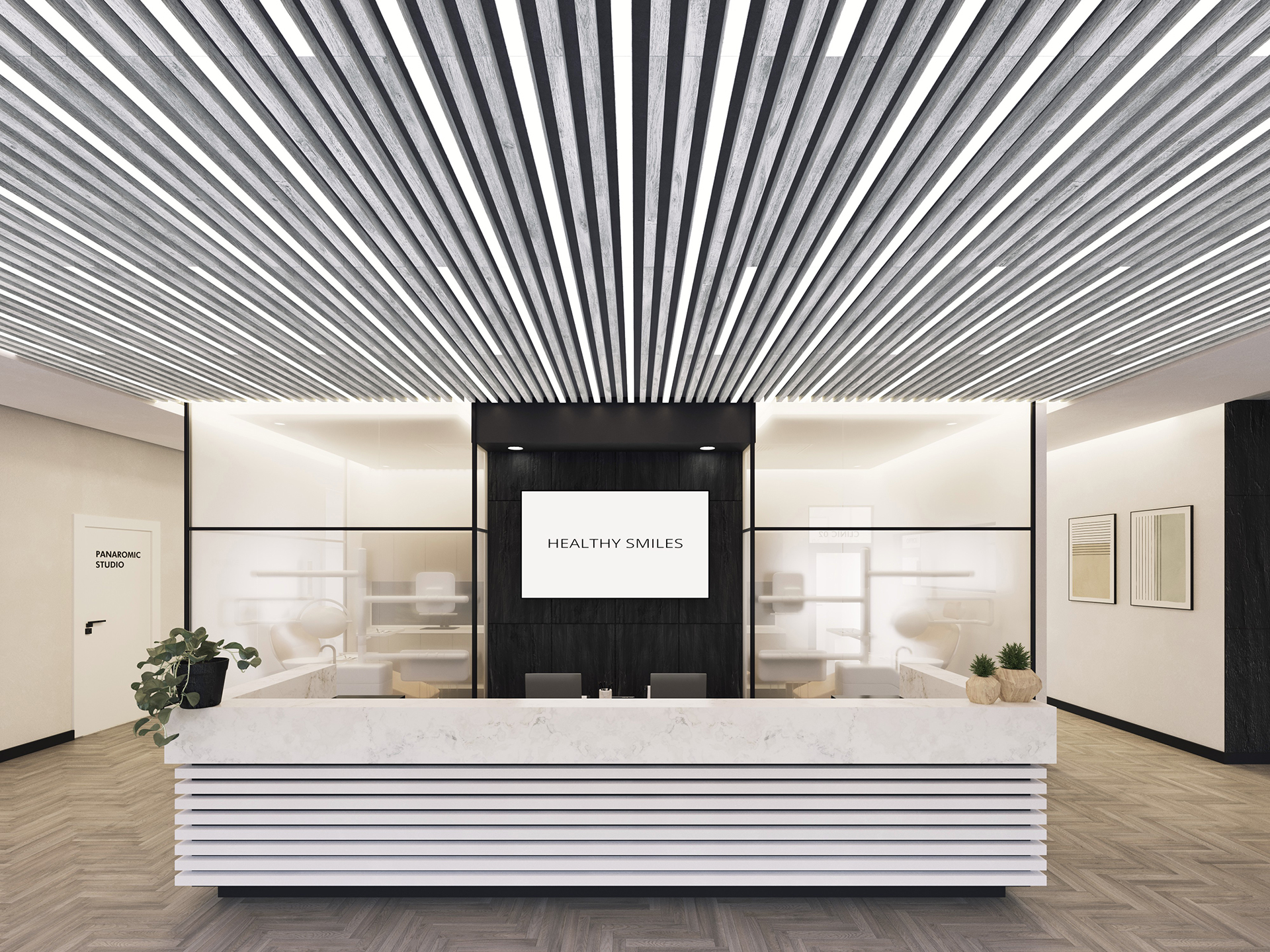 Modern dental office reception area with a slatted acoustic felt ceiling, white desk with horizontal slats, potted plants, and a sign reading "Healthy Smiles" on a black wall behind the desk. Minimalist decor and soft lighting.