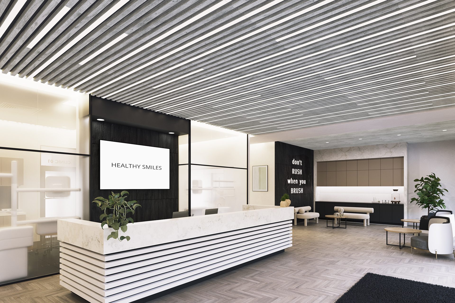 A modern dental office lobby with a white reception desk, minimalist décor, plants, and a wall sign that reads “don’t rush when you brush.” The space has wood flooring and a slatted acoustic felt ceiling design.