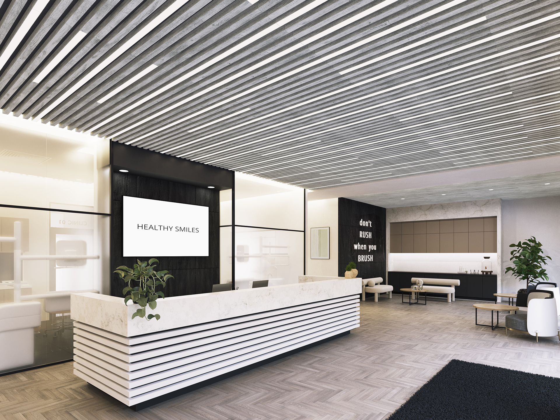 A modern dental office lobby with a white reception desk, minimalist décor, plants, and a wall sign that reads “don’t rush when you brush.” The space has wood flooring and a slatted acoustic felt ceiling design.