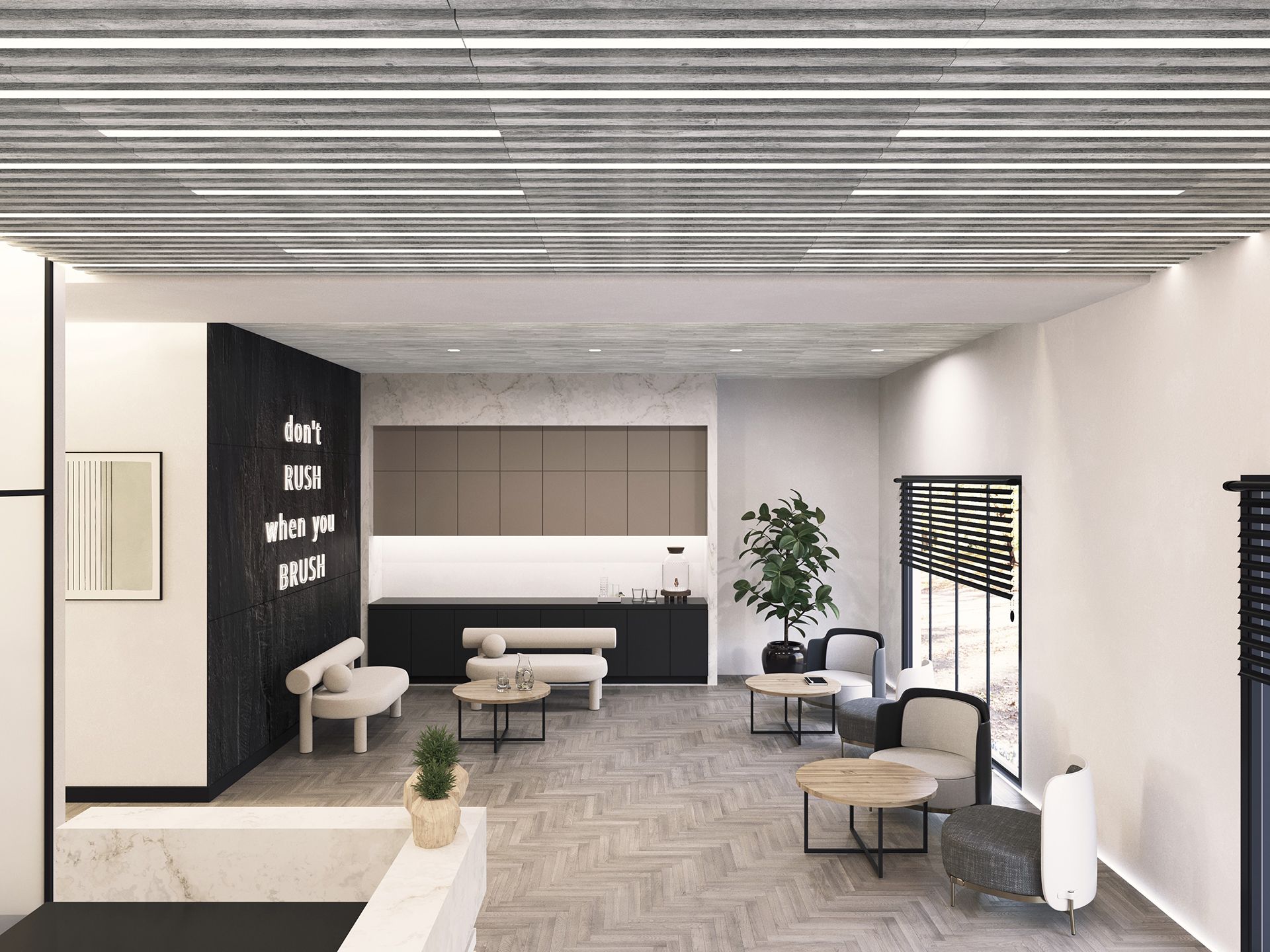 Modern waiting room with neutral tones, acoustic felt ceiling with integrated lighting, herringbone floor, cozy seating, round tables, potted plants, and a wall sign that reads "don't RUSH when you BRUSH." Large windows let in natural light.