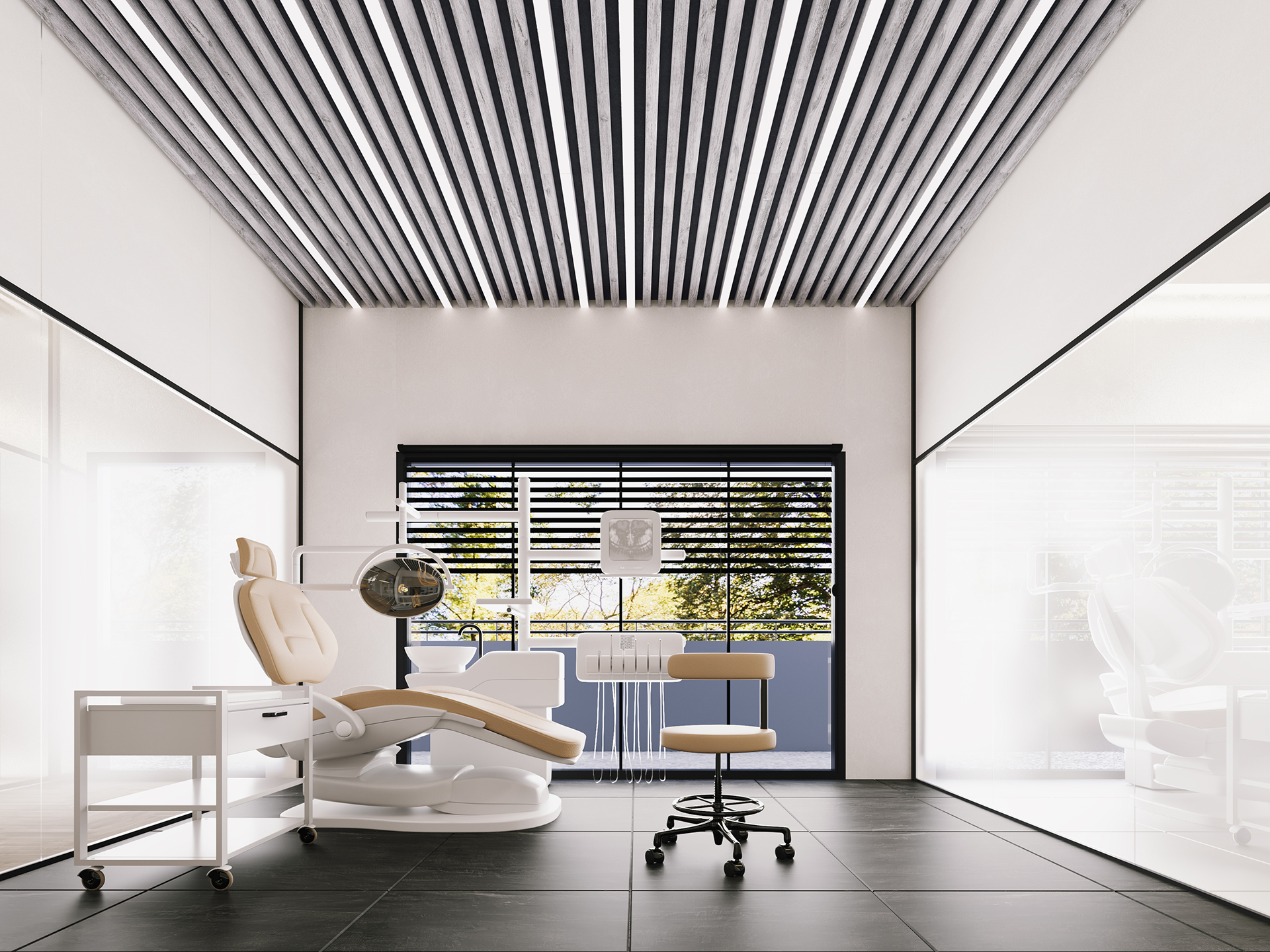 Modern dental office with a beige dental chair, stool, medical equipment, and large windows letting in natural light. The room features sleek, minimal design with a slatted acoustic felt ceiling and dark floor tiles.
