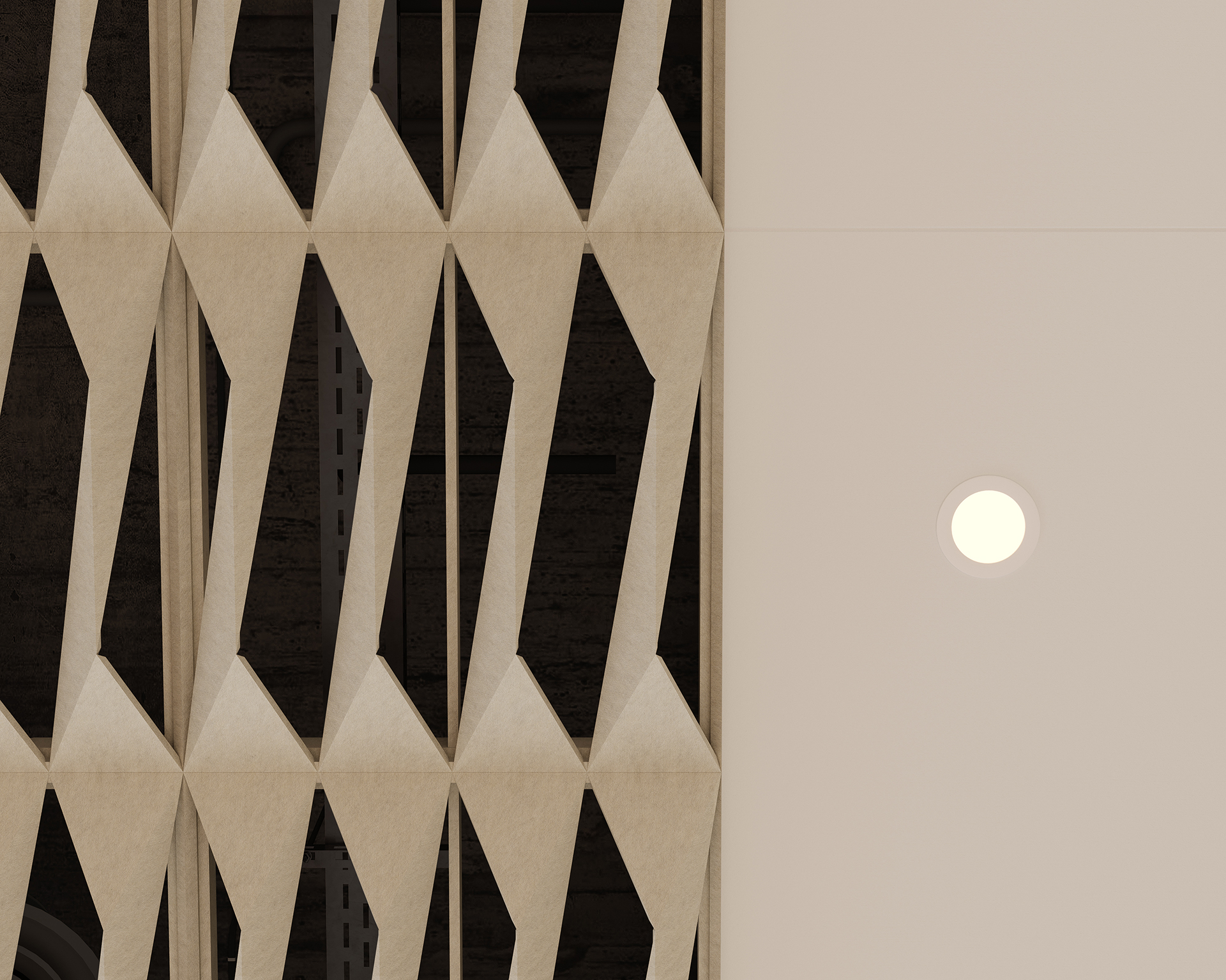 Abstract view of an acoustic felt ceiling with geometric, folded beige panels on the left and a smooth white surface with a round recessed light on the right.