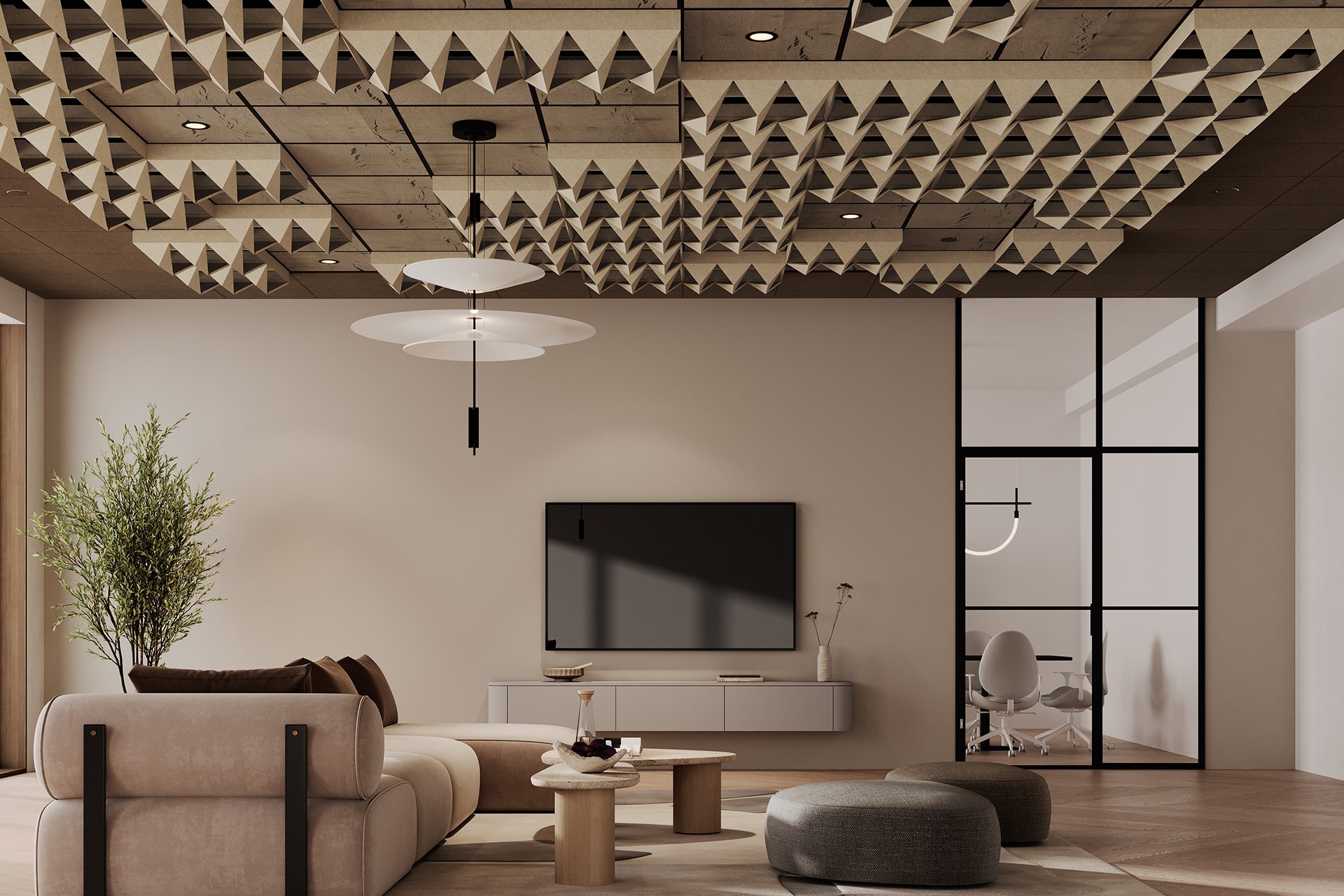 Modern living room with beige sofa, round coffee tables, ottomans, TV on a wall-mounted console, potted plant, and a unique geometric ceiling; glass wall reveals a workspace in the background.